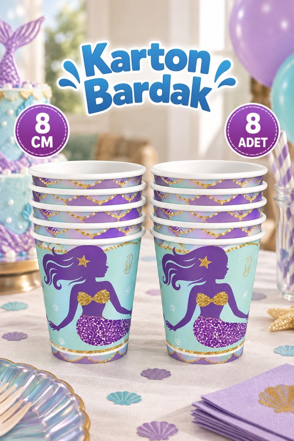 Pırıltılı Deniz Kızı Temalı Bardak 8 Adetistiridye Yıldız Balık Parti Konsepti Kaliteli Lisanslı