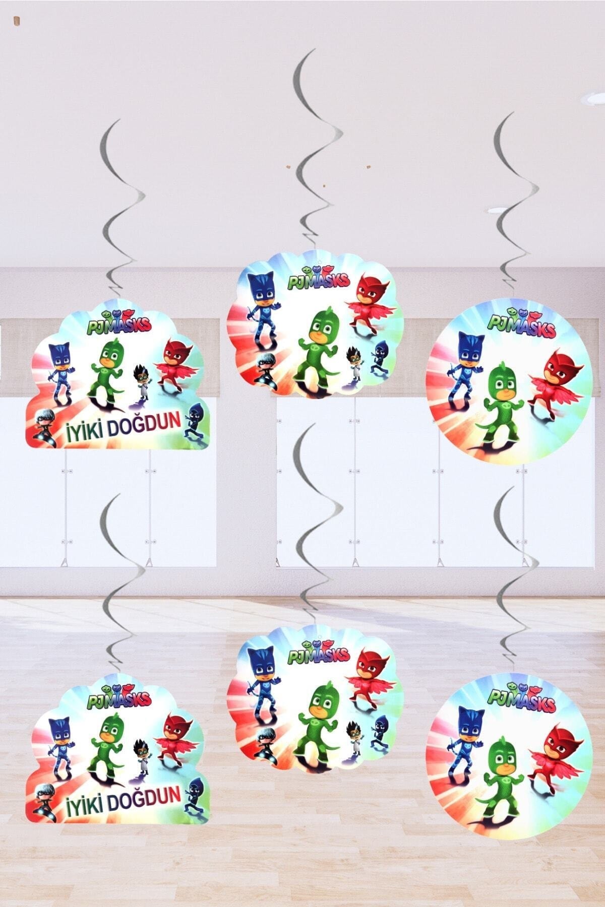Pj Maskeliler Tema Konsepti Iyiki Doğdun Yazılı Pj Masks Çift Taraflı Sarkıt Tavan Süsü 6lı 70 cm
