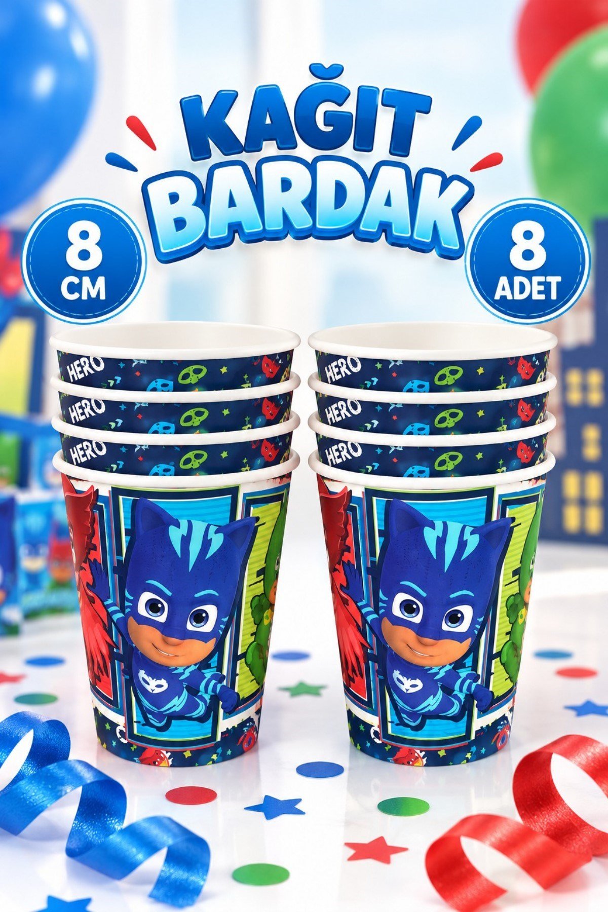 Pj Maskeliler Temalı Bardak 8 Adet Pija Maske Kedi Çocuk Karakterli Pijama Mask Kaliteli Lisanslı