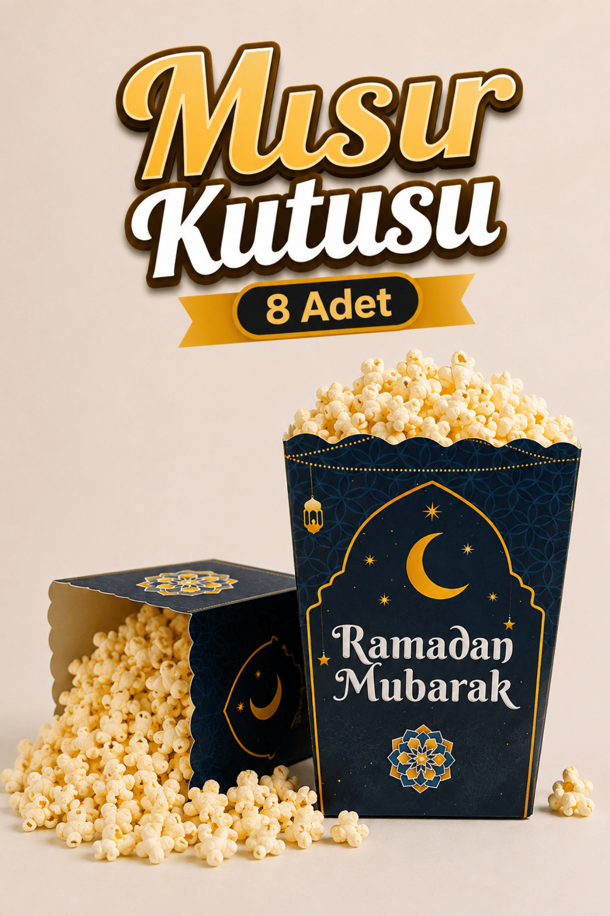 Ramadan Mubarak Yazılı Mısır Kutusu 8 Adet 8x12 Cm Pop Corn Darı Kabı Ramazan Bayramı Cips Kutusu Gb