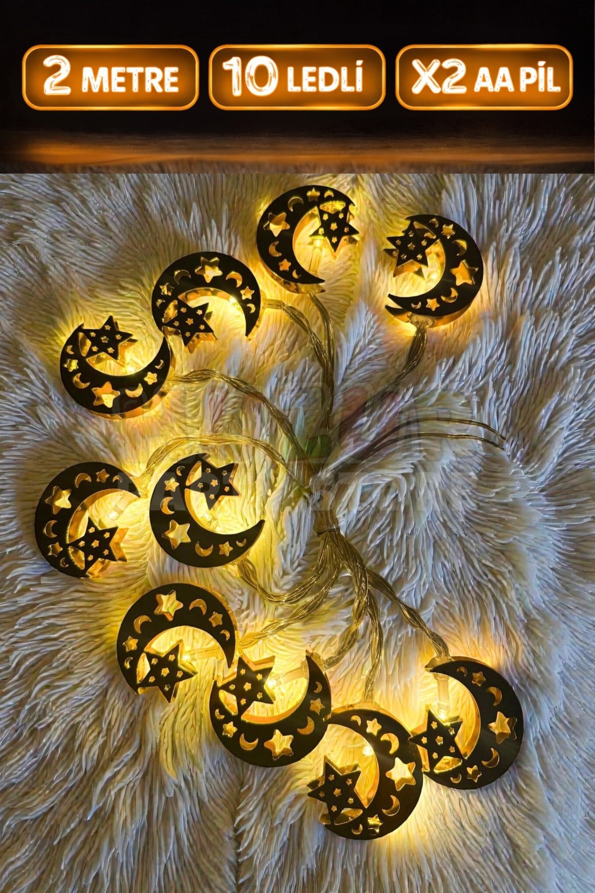 Ramazan Ay Yıldız Figürlü Metal Led Işık Süsü Gold 2 Metre 10 Ledli Günışığı Sarı Pilli Fonksiyonlu