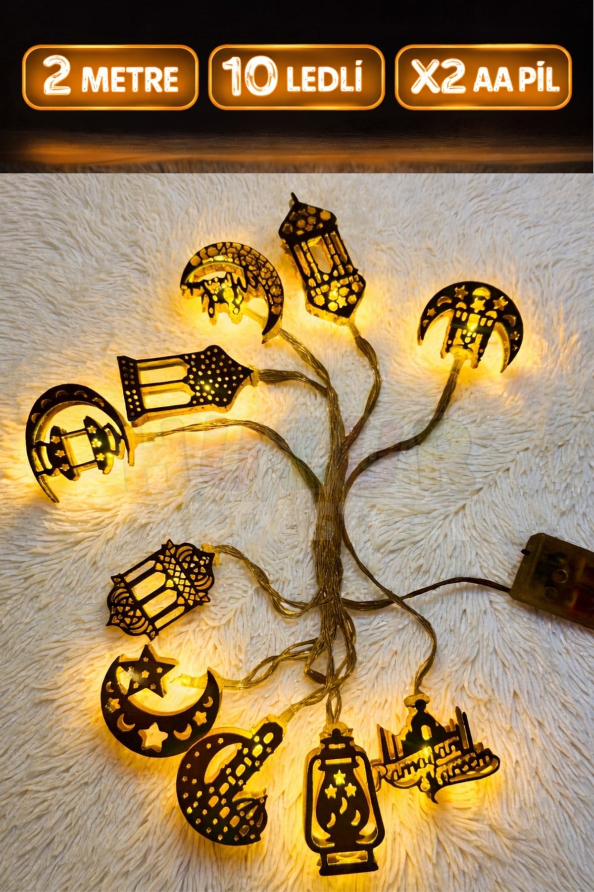 Ramazan Dini Karışık Figür Gold Metal Led Işık Süsü 2 Metre 10 Ledli Günışığı Sarı Pilli Fonksiyonlu
