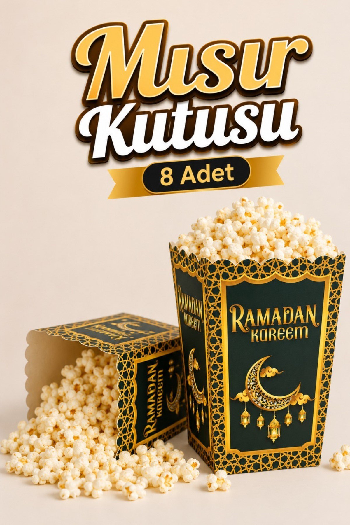 Ramazan Kareem Yazılı Mısır Kutusu 8 Adet 8x12 Cm Pop Corn Darı Kabı Ramazan Bayramı Cips Kutusu