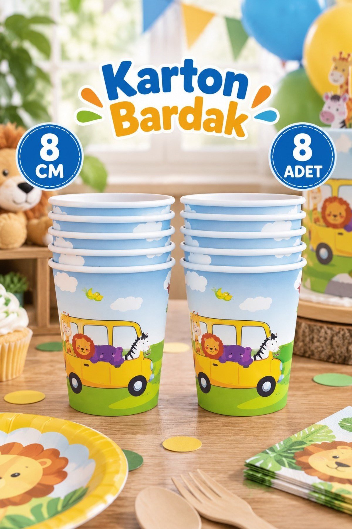 Safari Karakter Temalı Ekonomik Bardak 8 Adet Orman Hayvanları Doğum Günü Parti Konsepti Kaliteli