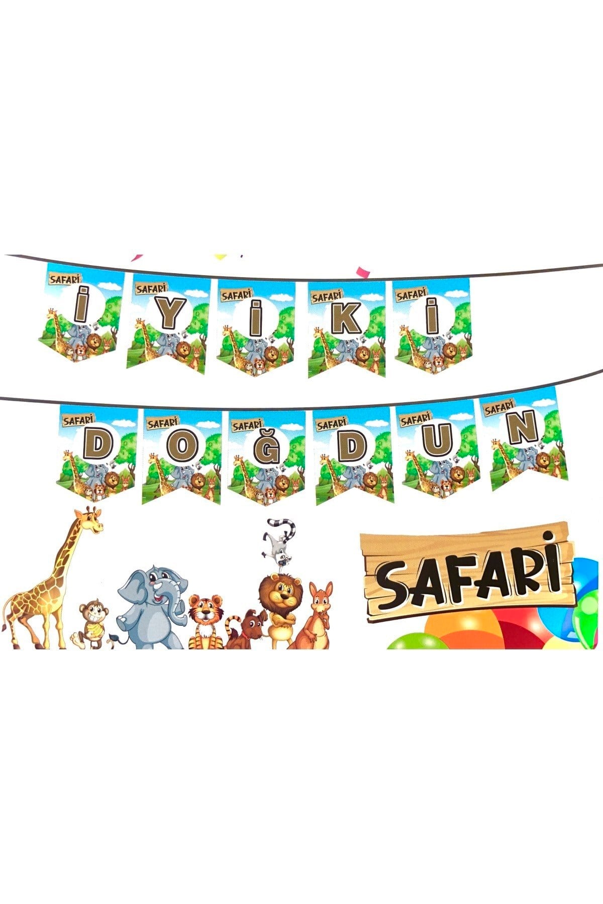 Safari Karakter Temalı Orman Hayvanları Parti Konsepti 2 Metre Iyiki Doğdun Yazısı Yazı Banner