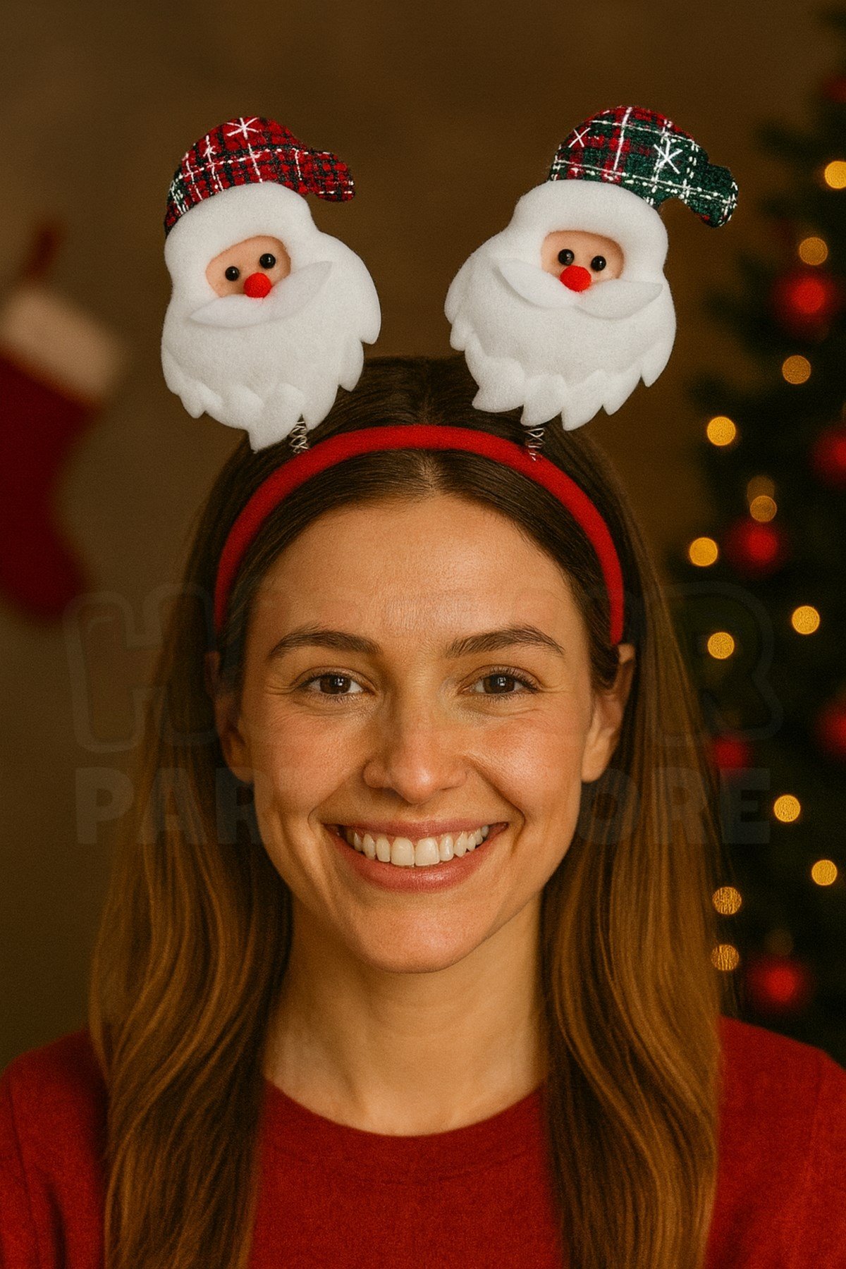 Şapkalı Noel Baba Taç Kırmızı Yeşil Ekoseli Parti Aksesuarı Yılbaşı Yeni Yıl Tacı Unisex Peluş