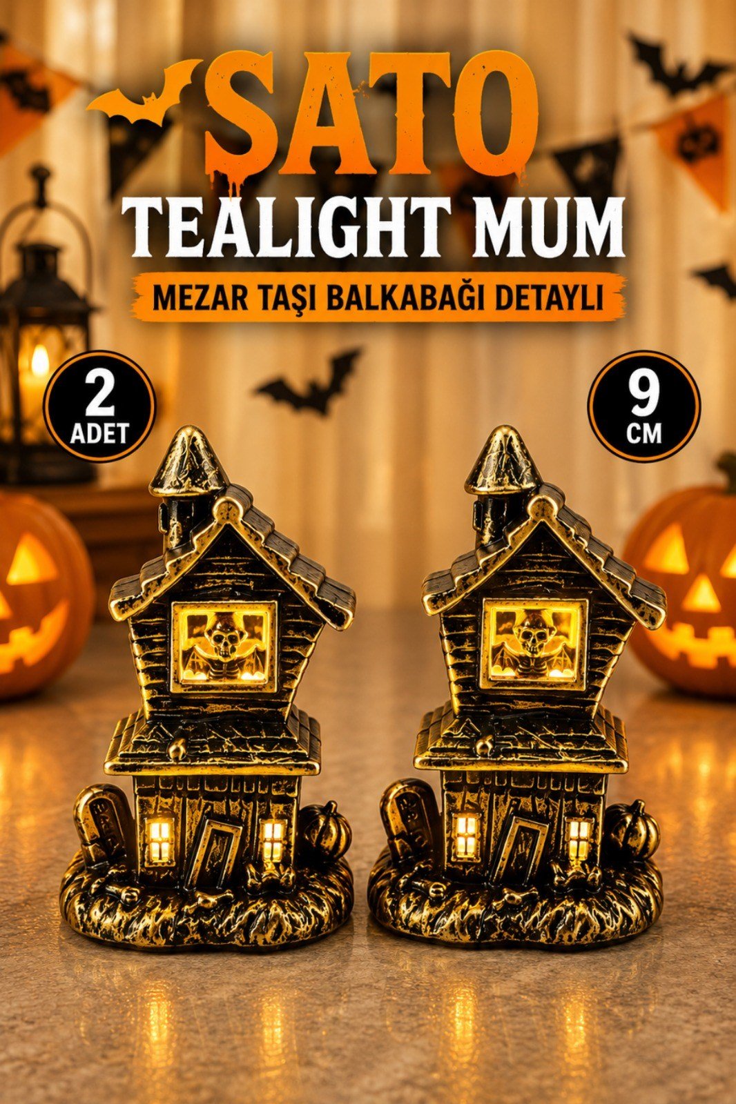 Şato Tealight Mezar Taşı Balkabağı Detaylı Sarı Işıklı Pilli Mum Halloween Cadılar Bayramı 2 Adet