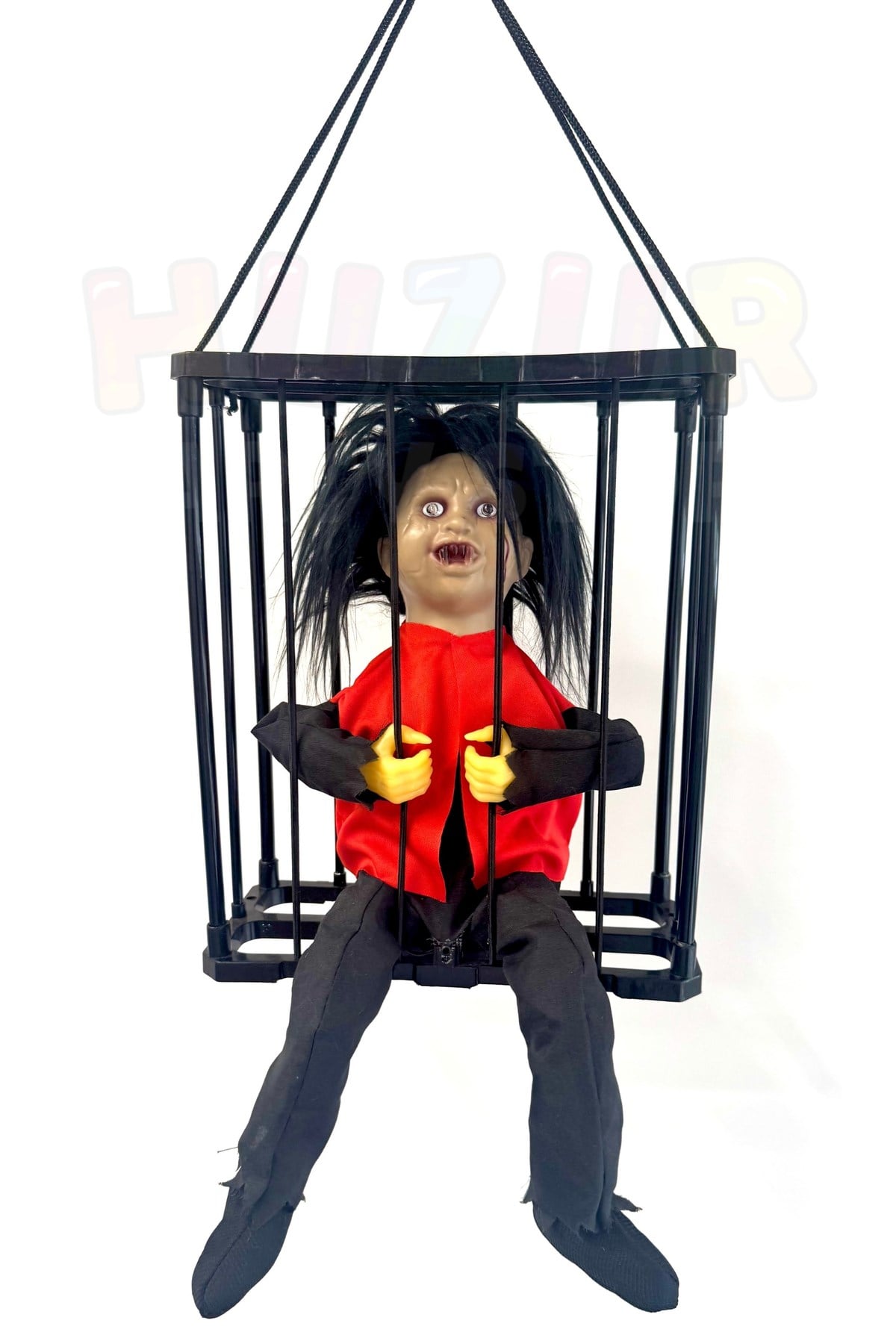Şeytani Bebek Hareketli Sese Duyarlı Kafes İçinde Işıklı 40x24 Cm Cadılar Bayramı Halloween Dekor