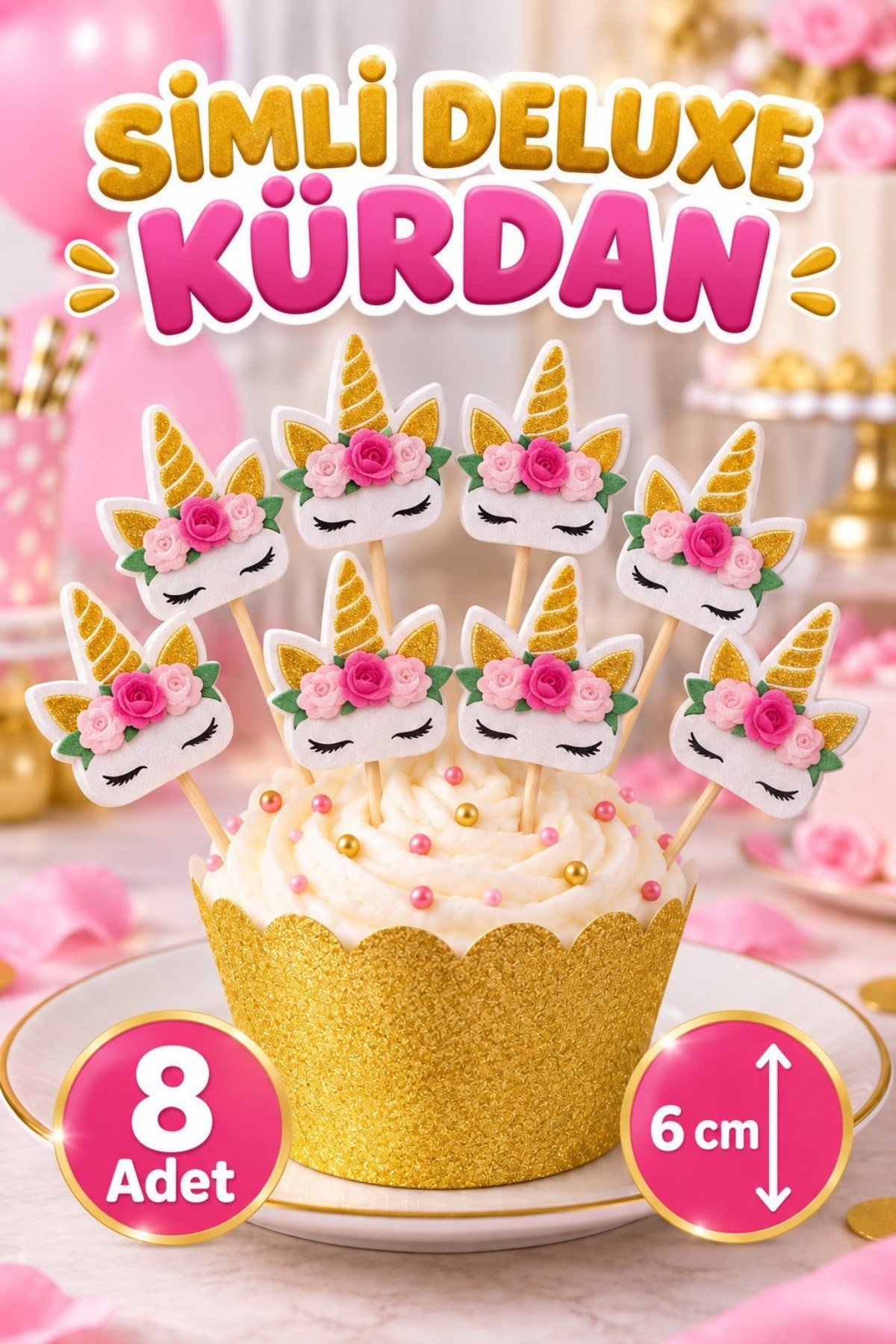 Simli Deluxe Unicorn Kürdan 8 Adet 6 cm Gold Çiçekli Pasta Kek Süsü Doğum Günü Parti Sofra Dekoru