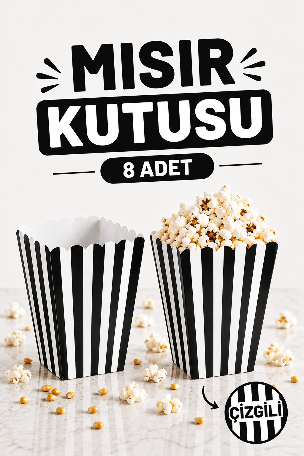 Siyah Çizgili Beyaz Mısır Kutusu 8li Karton Cips Kutusu 8 Adet Pop Corn Darı Kabı