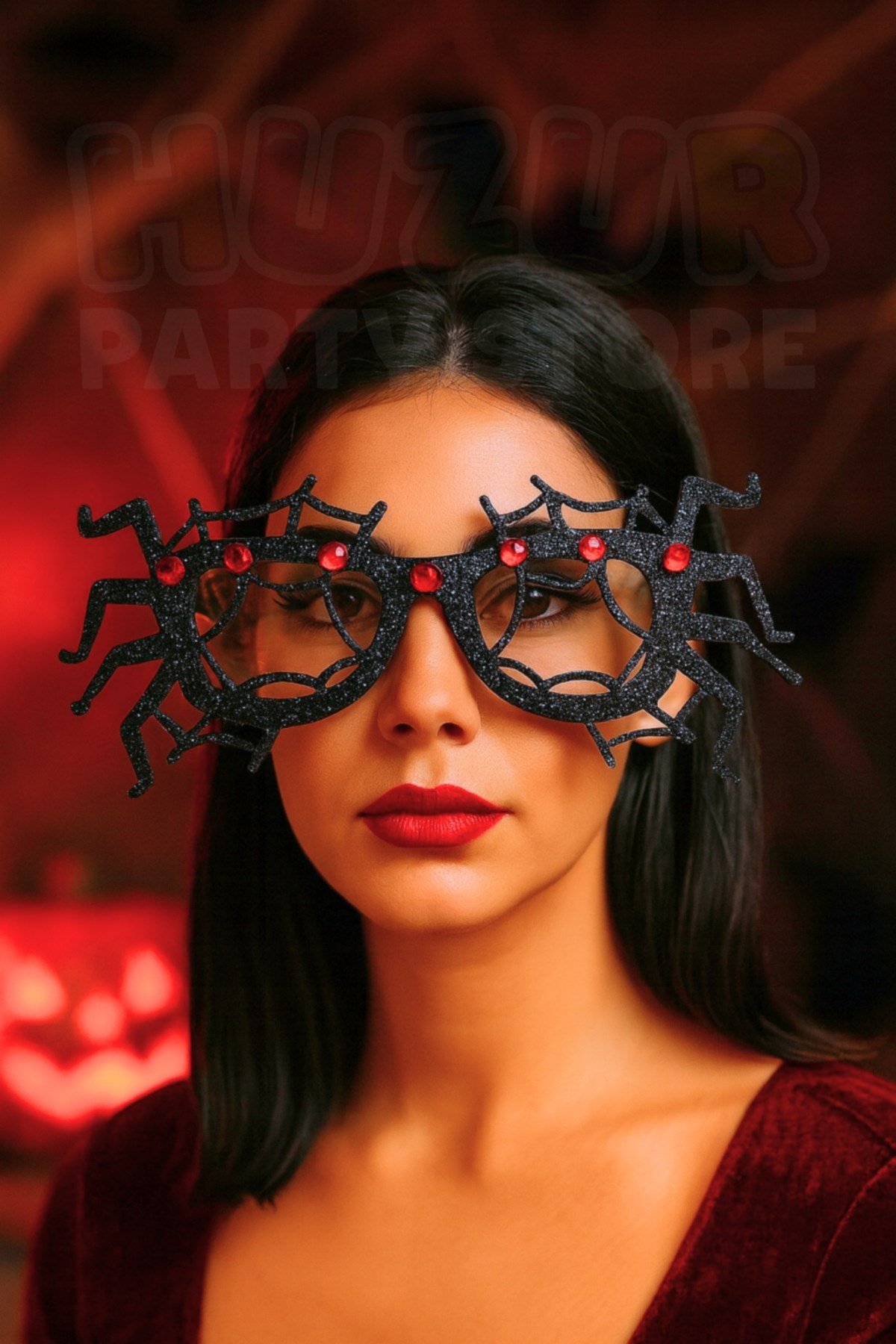 Siyah Örümcek Gözlük Halloween Partisi Cadılar Bayramı Gözlüğü Unisex Kırmızı Taşlı Süs Simli