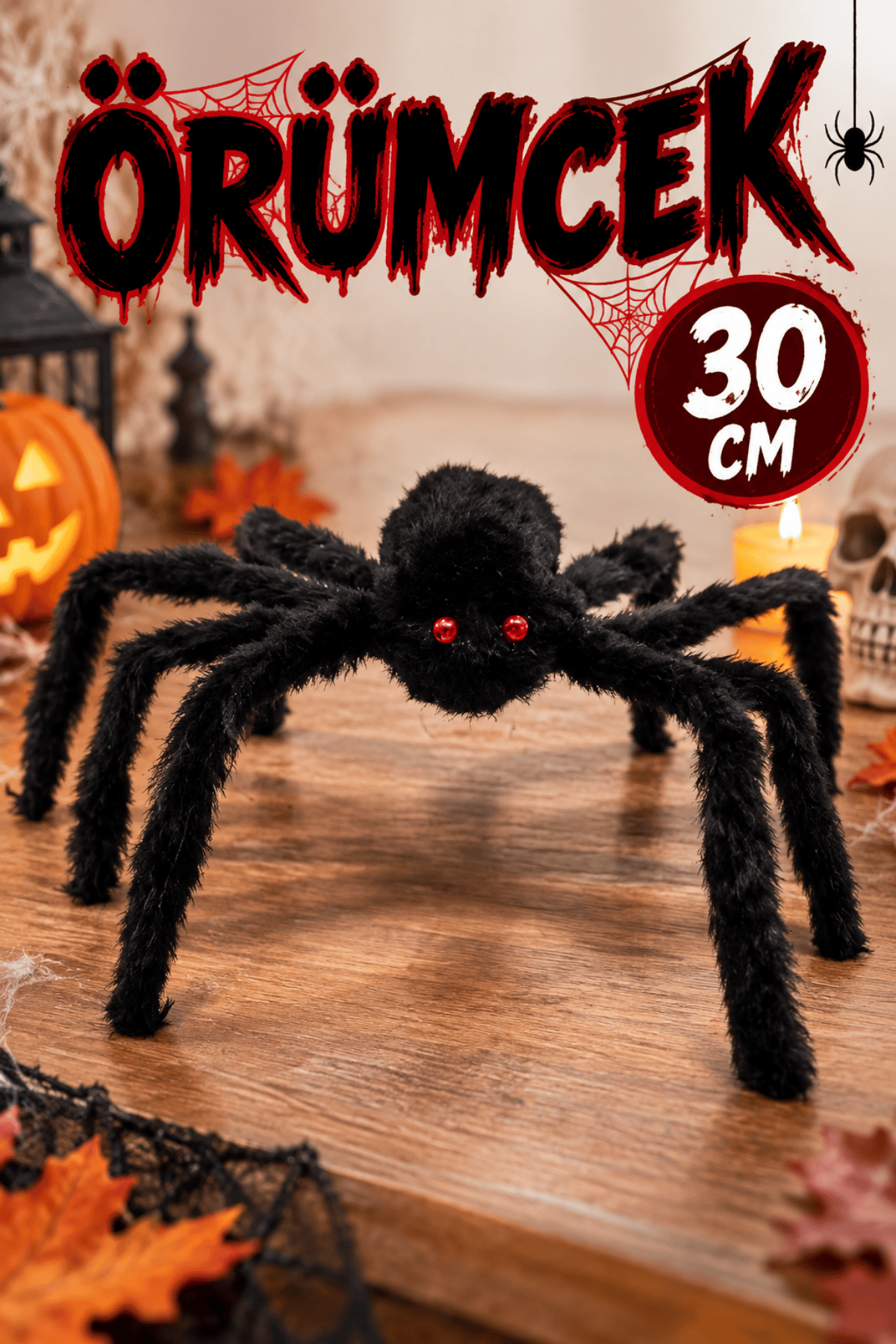 Siyah Renk Kırmızı Gözlü Örümcek Halloween Cadılar Bayramı Bacakları Tamamen Açıldığında 30 Cm