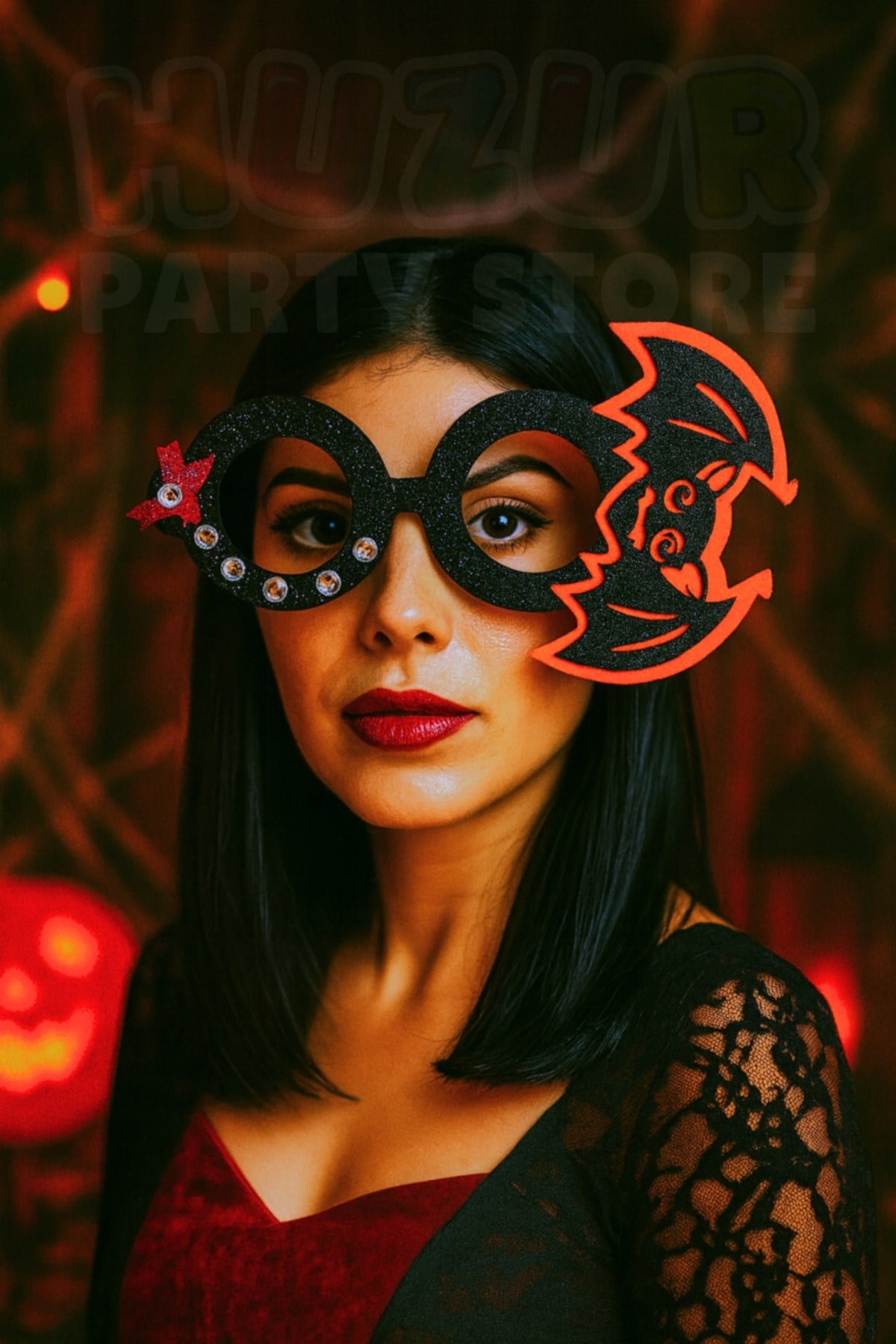 Siyah Turuncu Yarasa Gözlük Halloween Partisi Cadılar Bayramı Gözlüğü Unisex Beyaz Taşlı Simli Süs