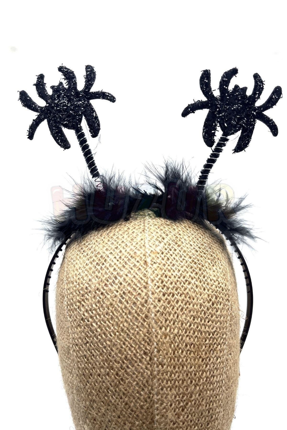 Siyah Tüylü Örümcek Taç Halloween Partisi Cadılar Bayramı Tacı Unisex Parlak 18x22 Cm Eğlence Süsü
