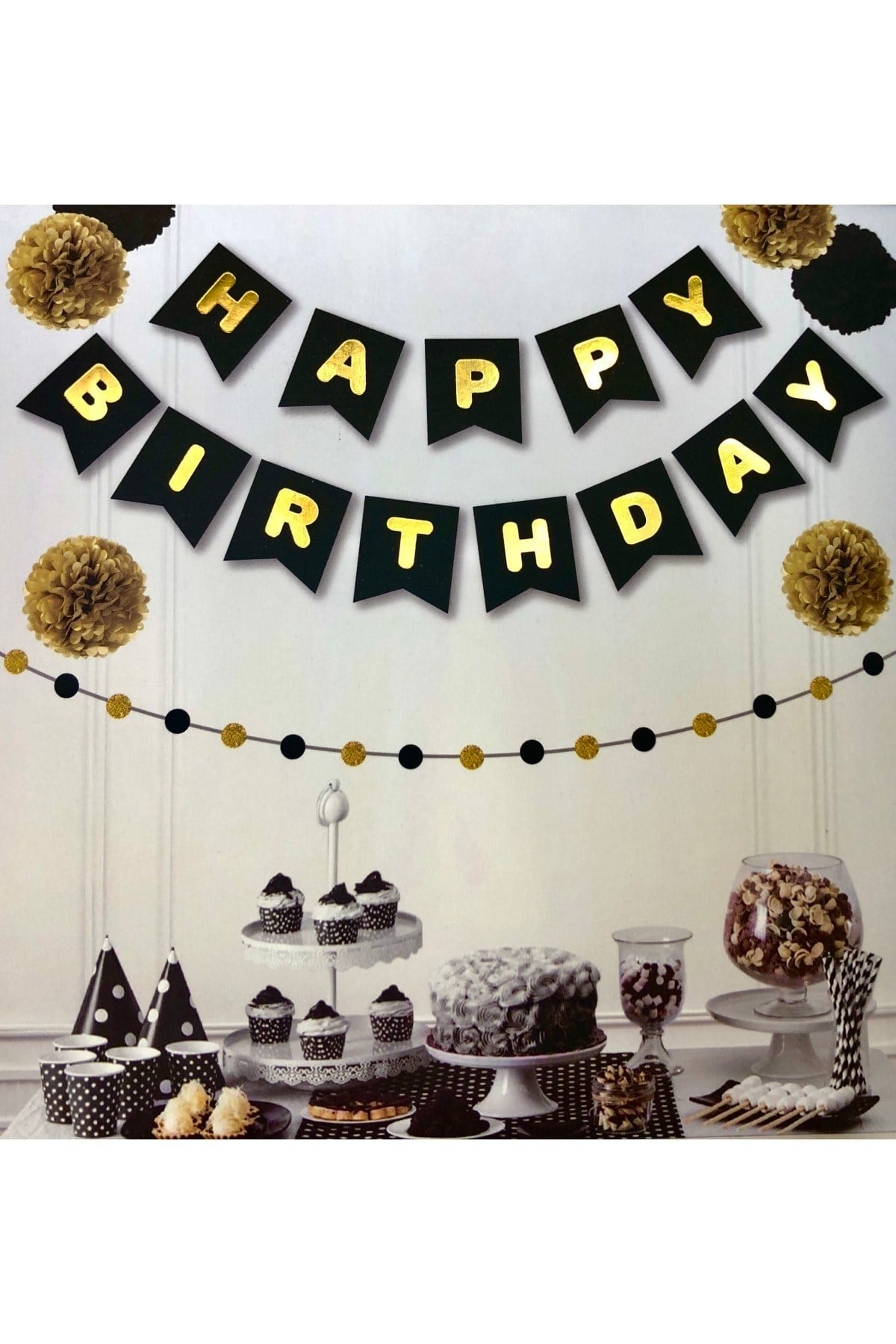 Siyah Üstüne Gold Altın Sarısı Yaldızlı Happy Birthday Yazılı Doğum Günü Partisi Karton Yazı Banner