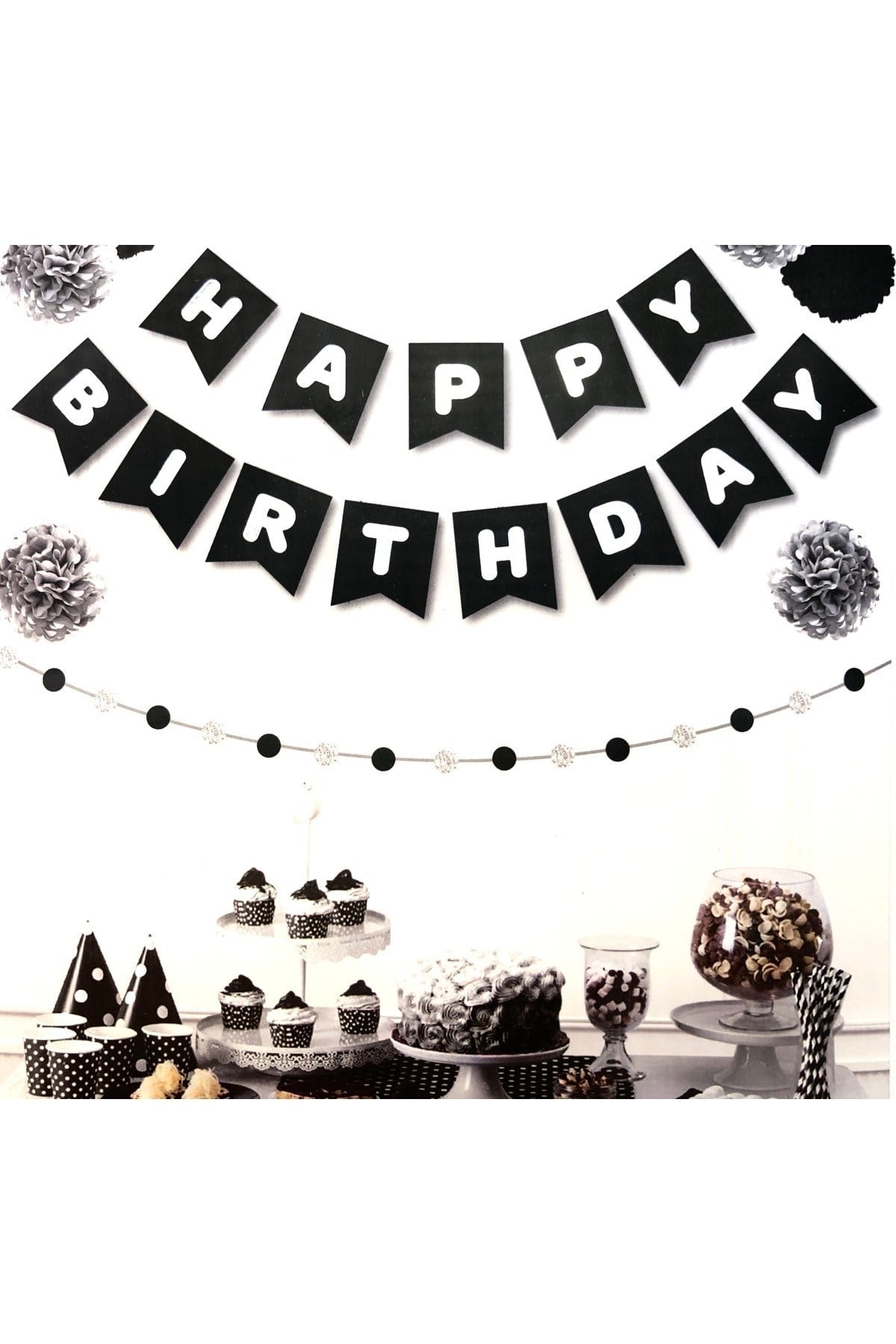 Siyah Üstüne Gümüş Gri Yaldızlı Happy Birthday Yazılı Doğum Günü Partisi Karton Ipli Yazı Banner