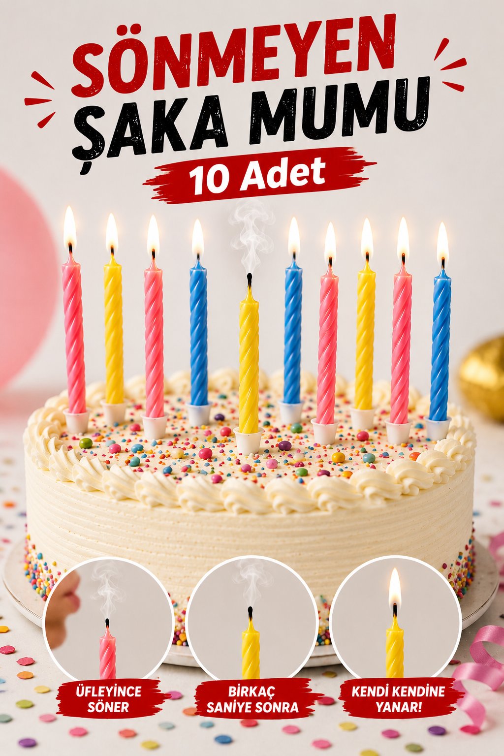 Sönmeyen Şaka Mumu 10 Adet Üfleyince Sönmeyen Doğum Günü Pasta Mumu