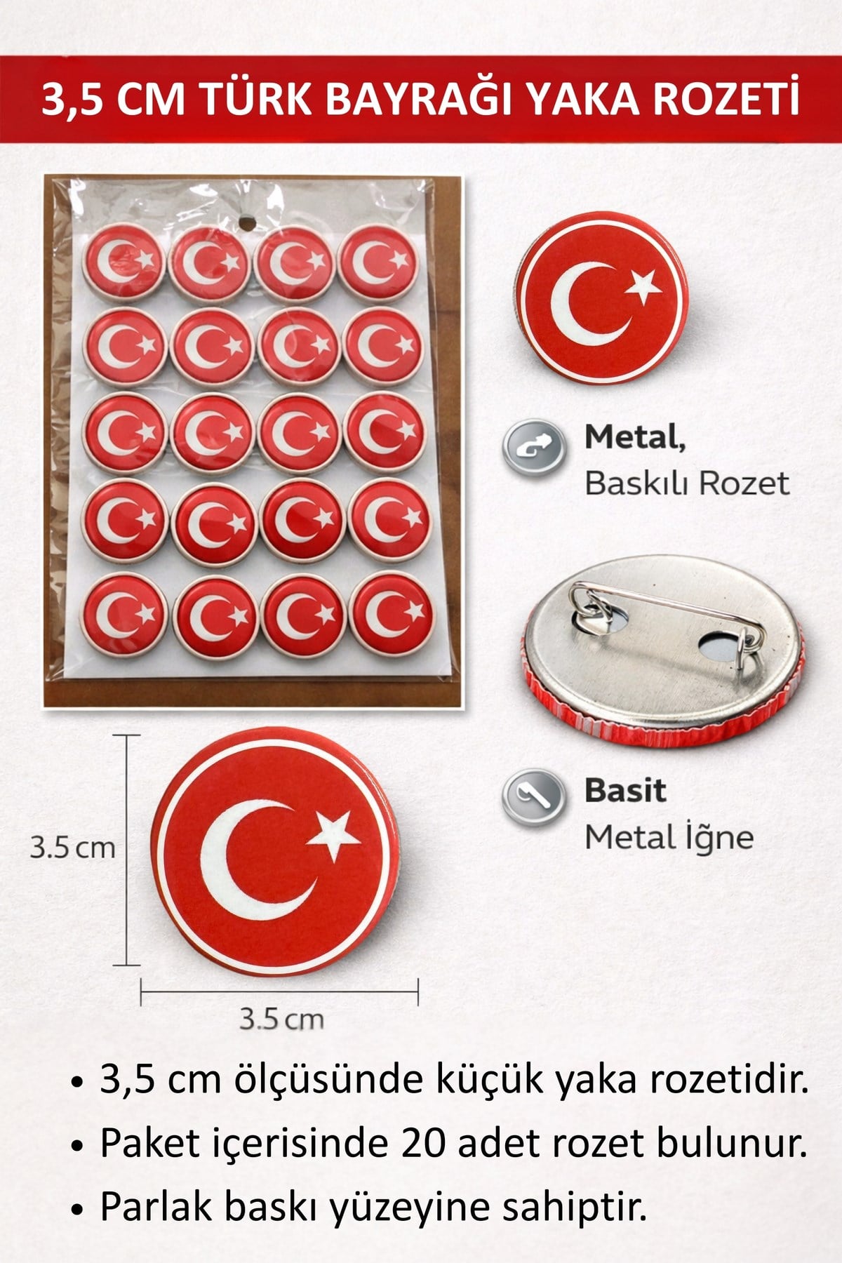 Türk Bayraklı 20li Metal Göğüs Yaka Rozeti 3.5x3.5 Cm Kancalı Iğneli 23 Nisan 29 Ekim Milli Bayram