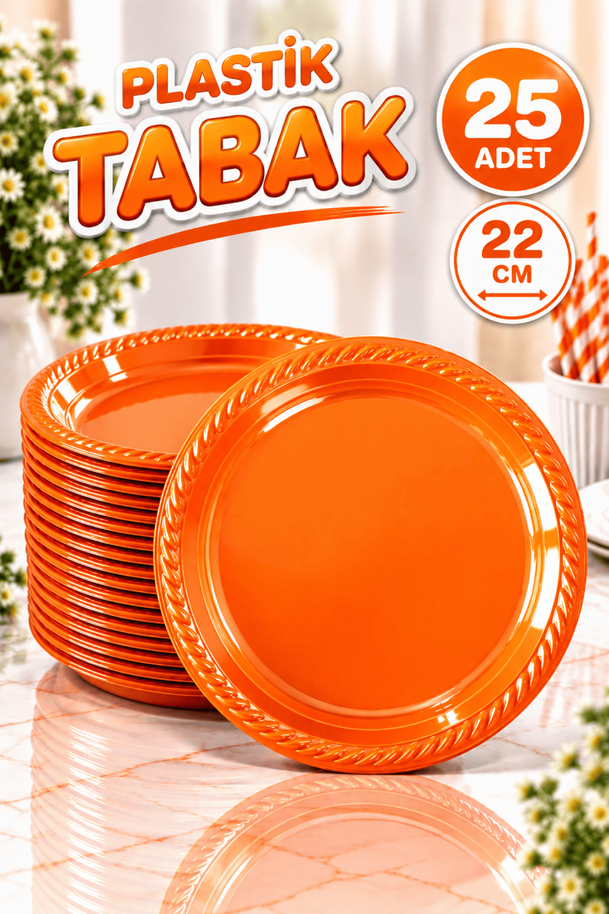 Turuncu Renkli 22 Cm 25li Parlak Tabak Renkli Dayanıklı Plastik Doğum Günü Parti Tabağı
