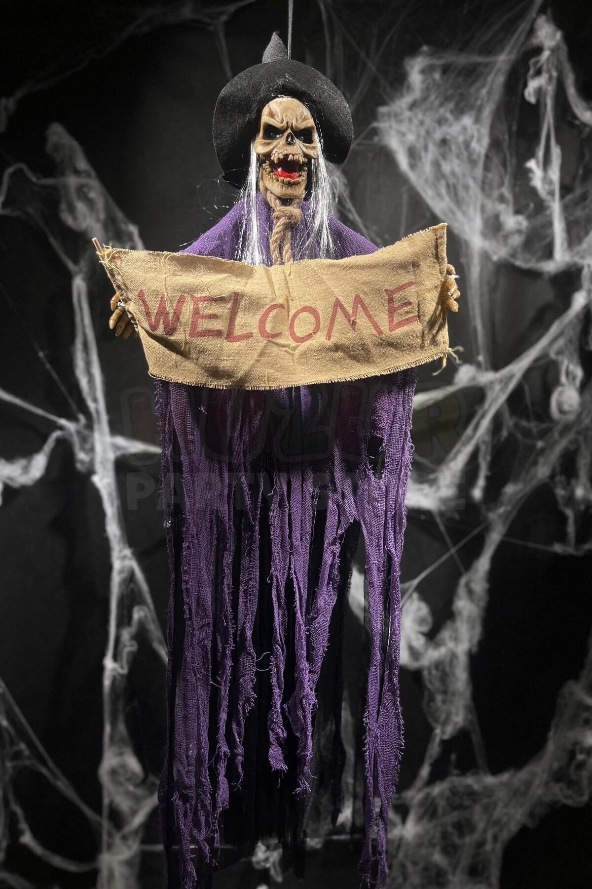 Welcome Yazılı Cadı Sese Duyarlı Işıklı Mor Renk 120 Cm Halloween Cadılar Bayramı Giriş Parti Dekoru