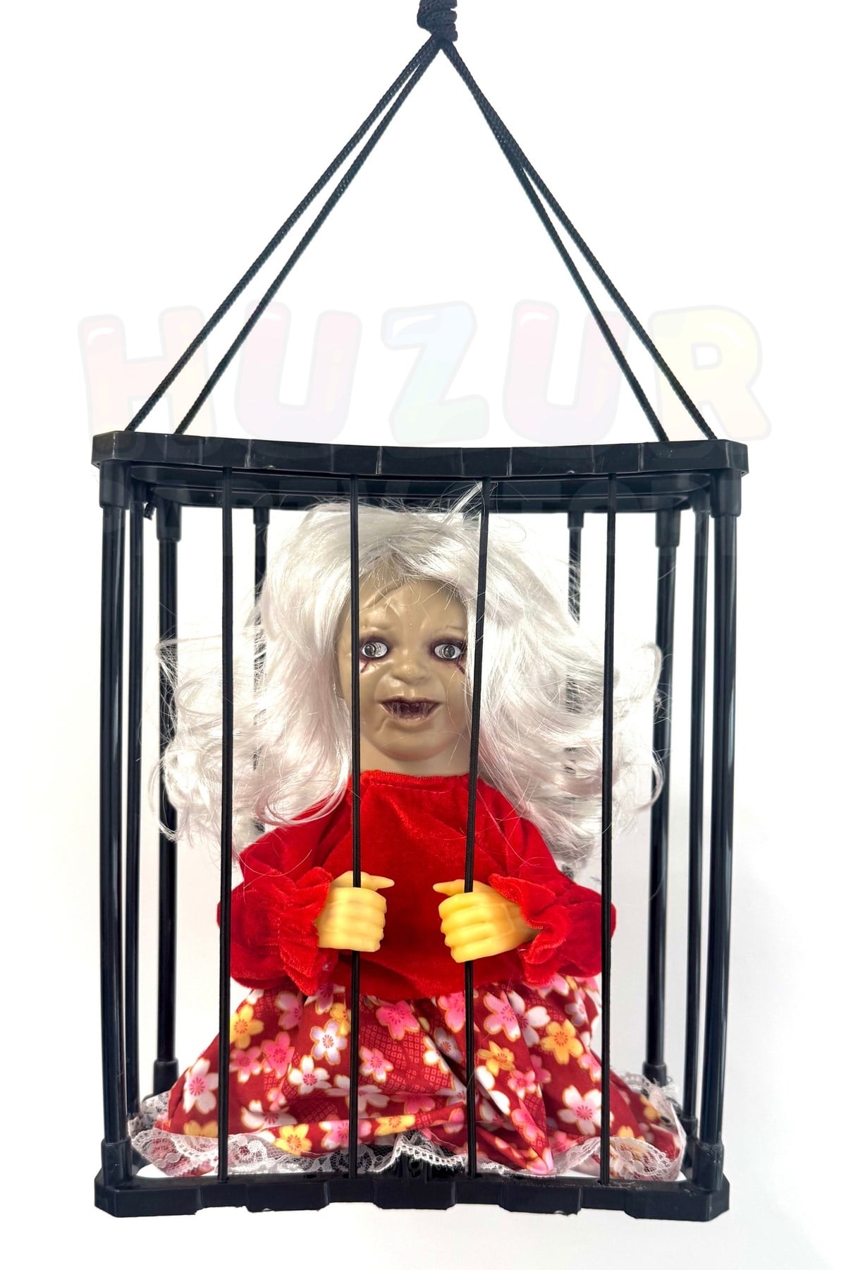 Yaşlı Kız Hareketli Sese Duyarlı Kafes İçinde Işıklı 40x24 Cm Pilli Cadılar Bayramı Halloween Dekor