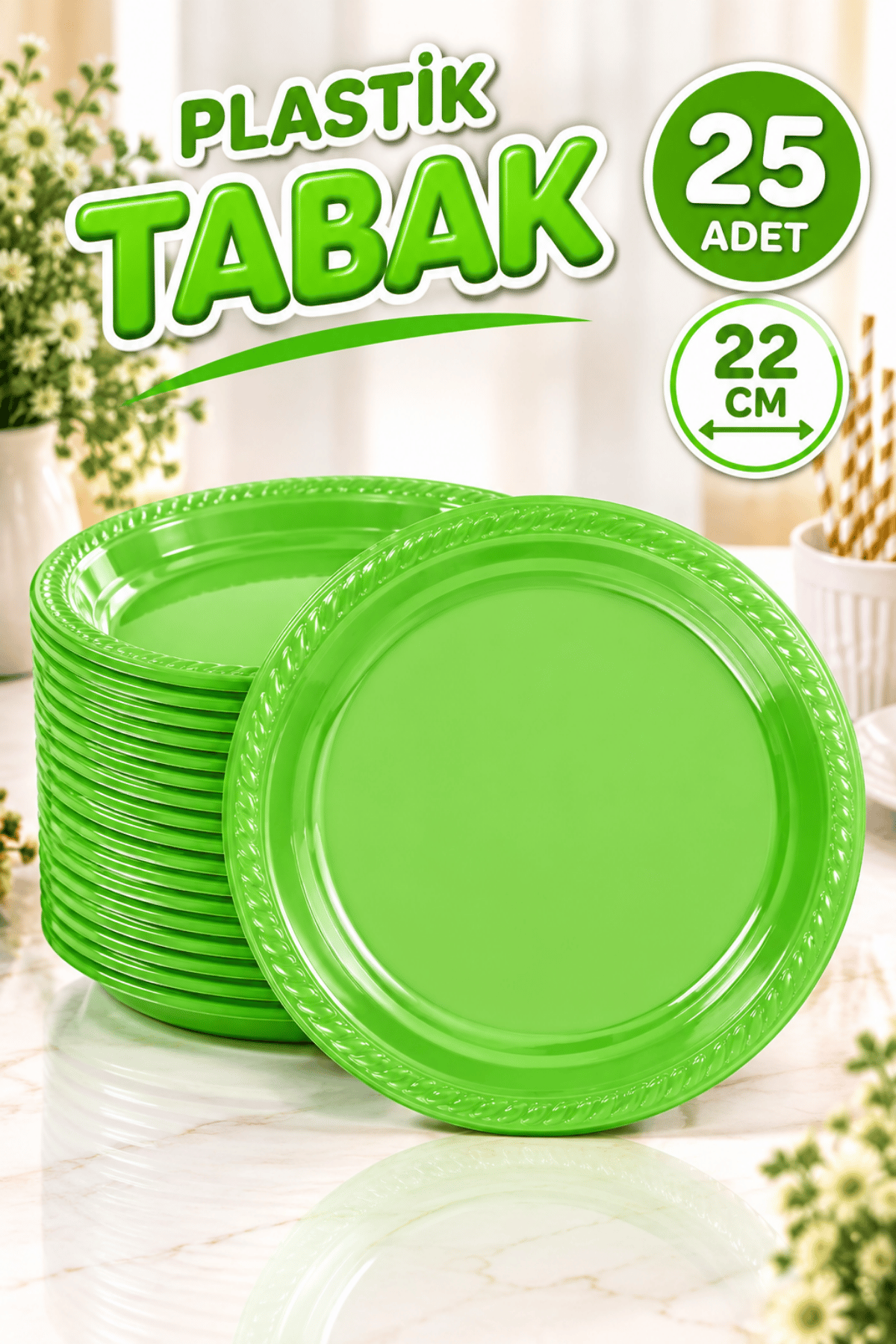 Yeşil Renginde 22cm 25li Parlak Tabak Renkli Dayanıklı Plastik Doğum Günü Parti Tabağı