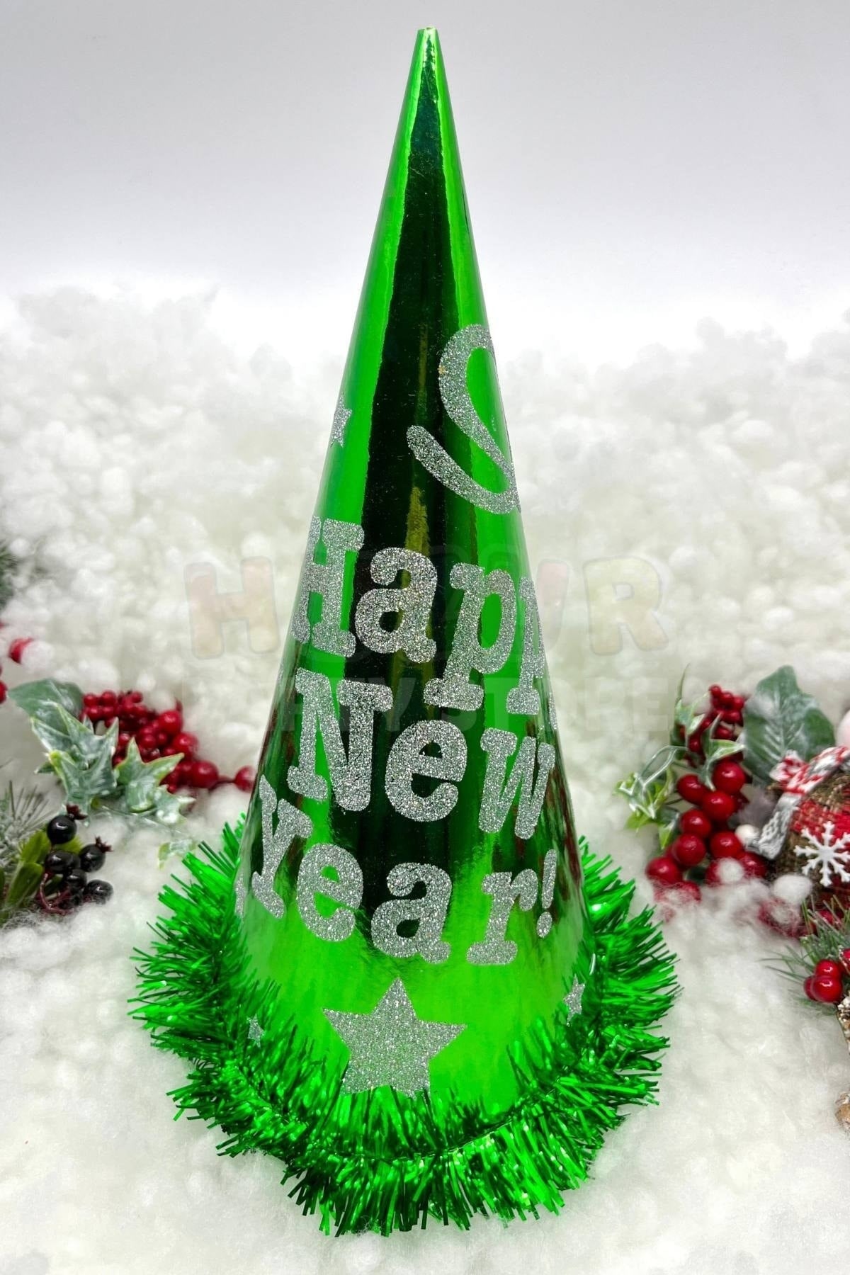 Yeşil Renk Yılbaşı Şapkası Karton Happy New Year Baskılı Simli Parlak Püsküllü Büyük Boy Yıldızlı