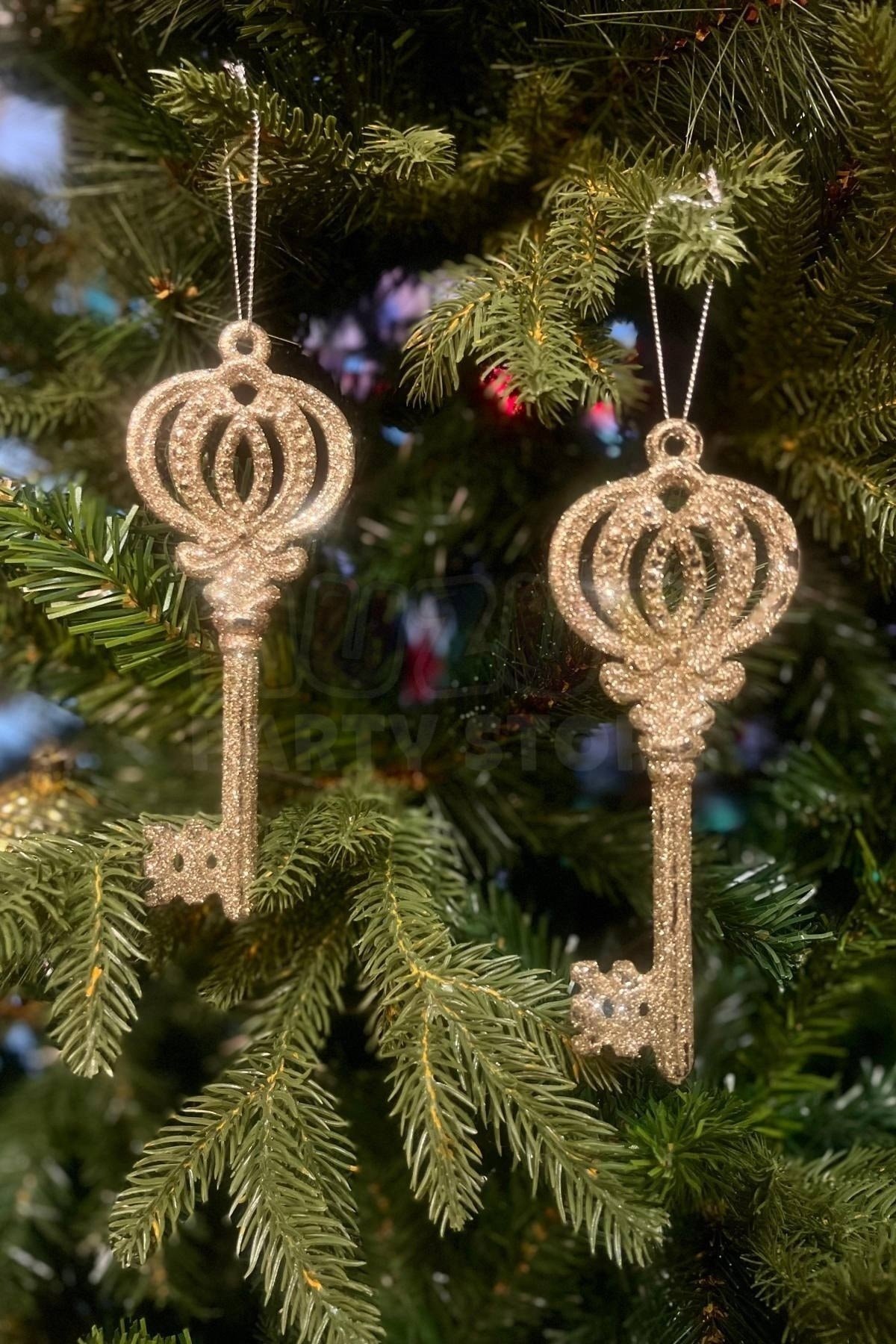 Yılbaşı Ağacı 2li Şans Anahtar Gold Renkli Çam Ağacı Süsü 16x6 Cm Simli Kendinden Parıltılı Işıltı