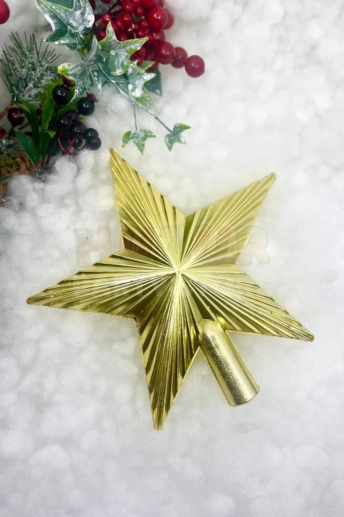 Yılbaşı Çam Ağacı Tepeliği Gold Renk Parlak 20x20 Cm Altın Sarısı Yeni Yıl Sert Yıldız Tepelik