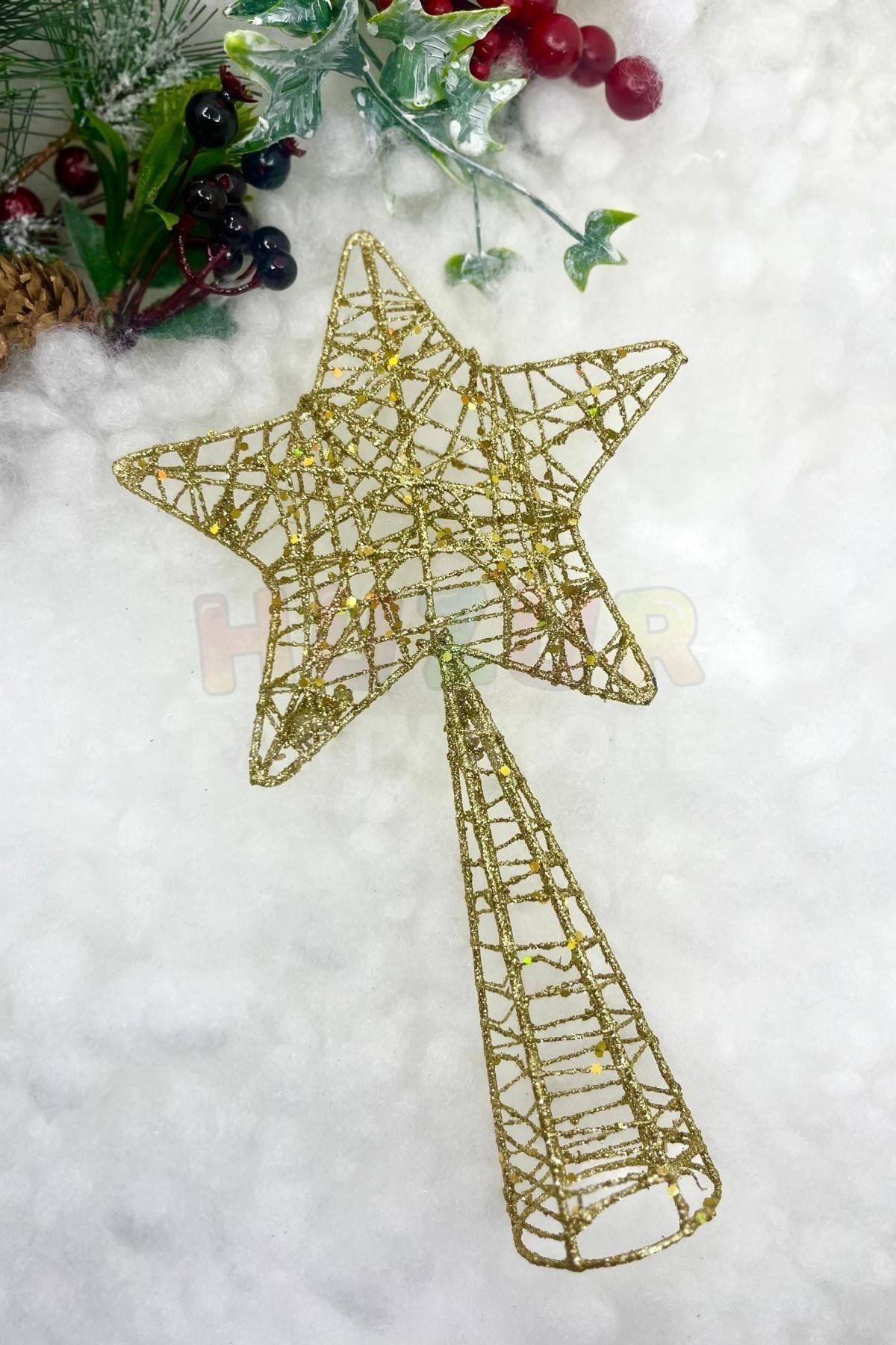 Yılbaşı Çam Ağacı Tepeliği Gold Renk Yıldız 25x15 Cm Altın Sarısı Parlak Yeni Yıl Simli Tel Tepelik