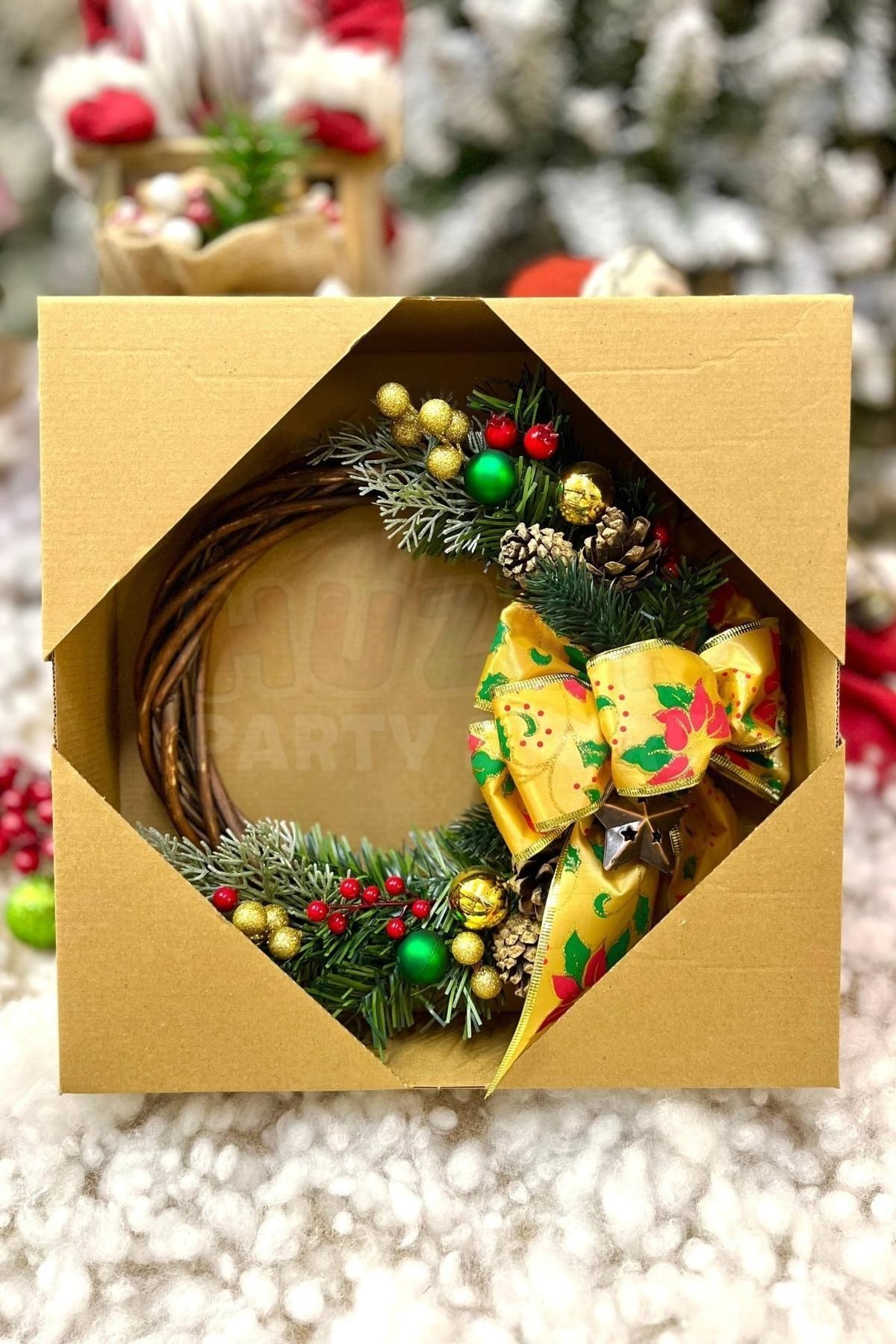 Yılbaşı Kapı Süsü 33x33 Cm Yeni Yıl Karşılama Dekoru Christmas Çelengi Kapı Çiçeği Dekoratif Fiyonk