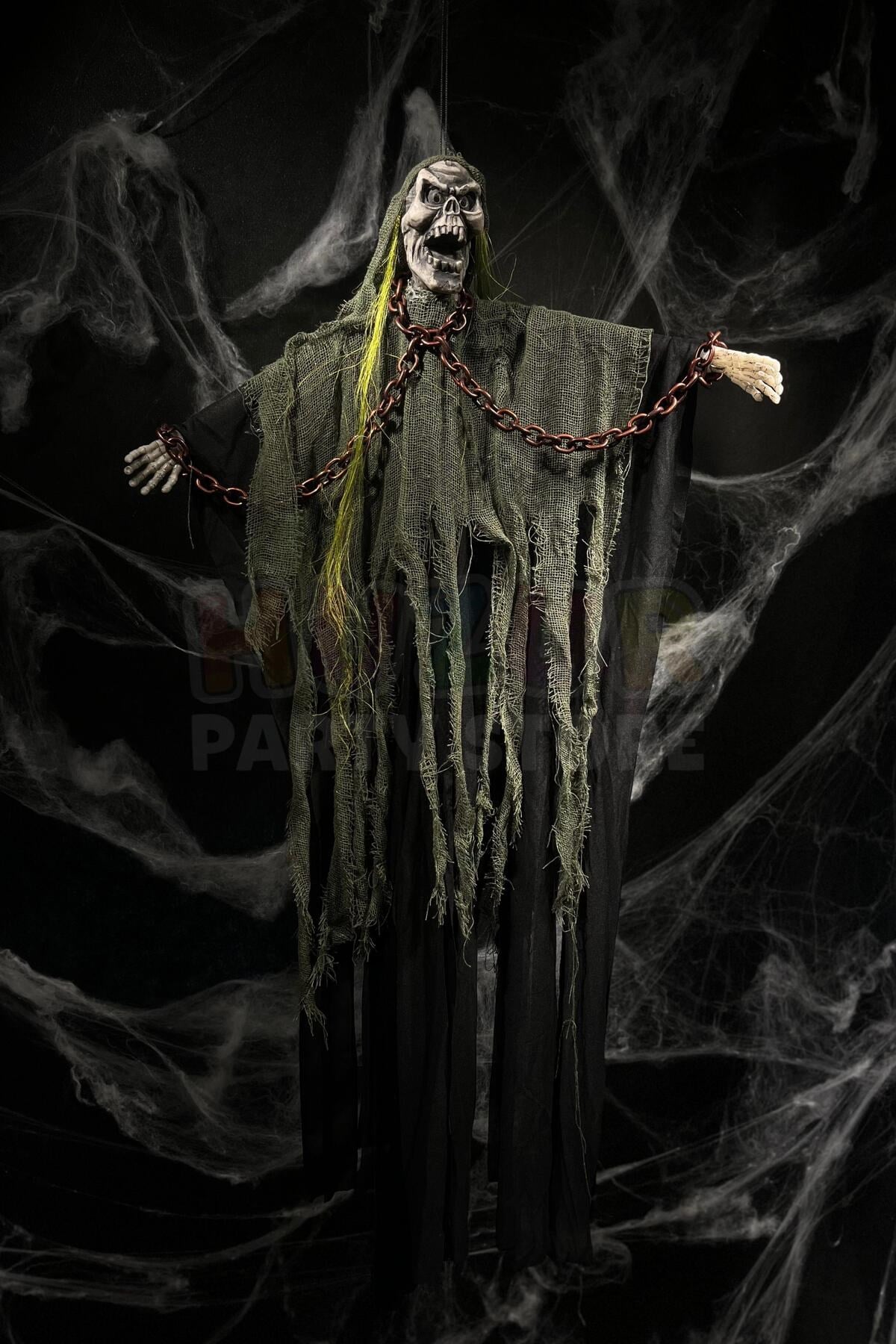 Zincir Detaylı Yeşil Cadı 110 Cm Pilli Sese Duyarlı Işıklı Halloween Cadılar Bayramı Parti Dekoru