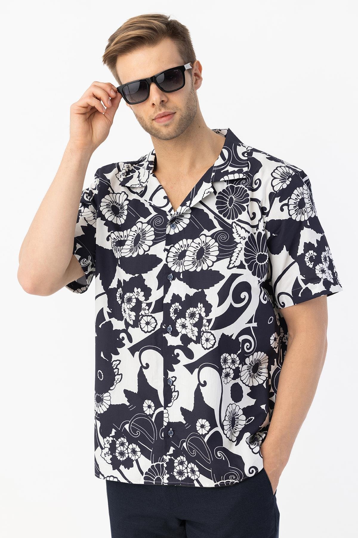 Apaş Yaka Baskılı Erkek Gömlek Lacivert - Sabri Özel