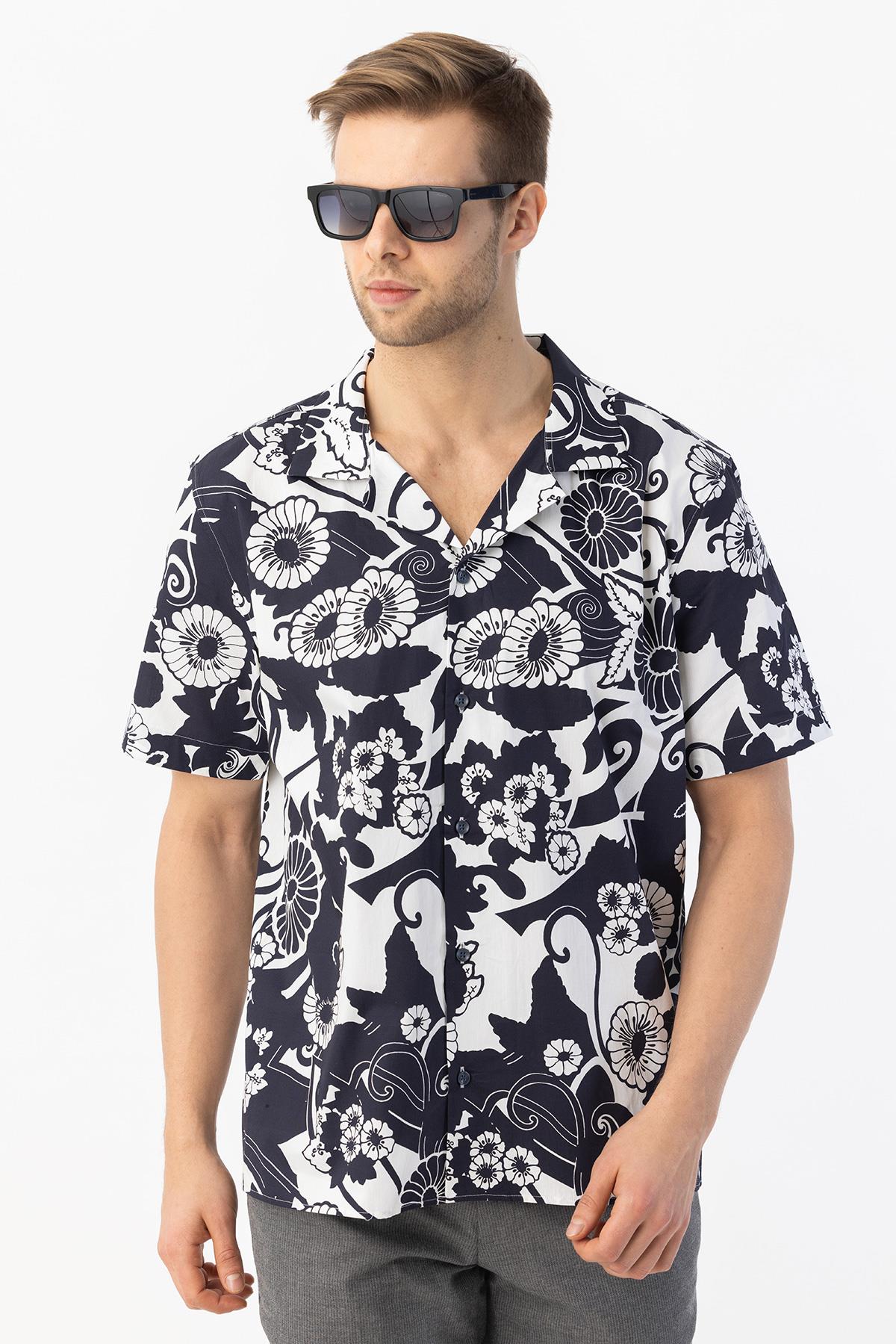 Apaş Yaka Baskılı Erkek Gömlek Lacivert - Sabri Özel