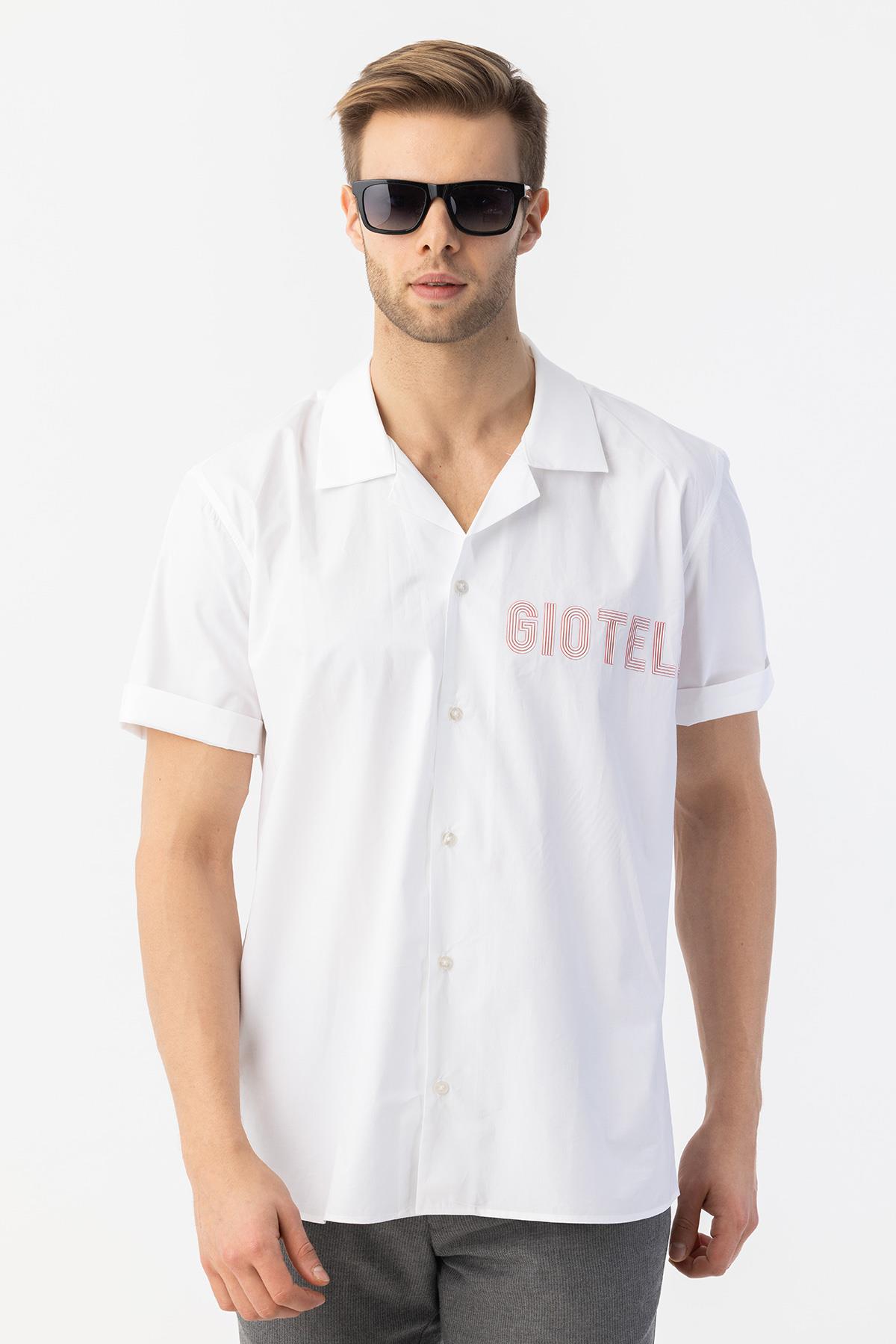 Apaş Yaka Baskılı Erkek Gömlek Beyaz - Sabri Özel