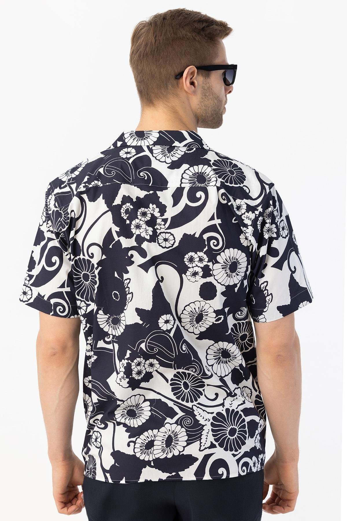 Apaş Yaka Baskılı Erkek Gömlek Lacivert - Sabri Özel