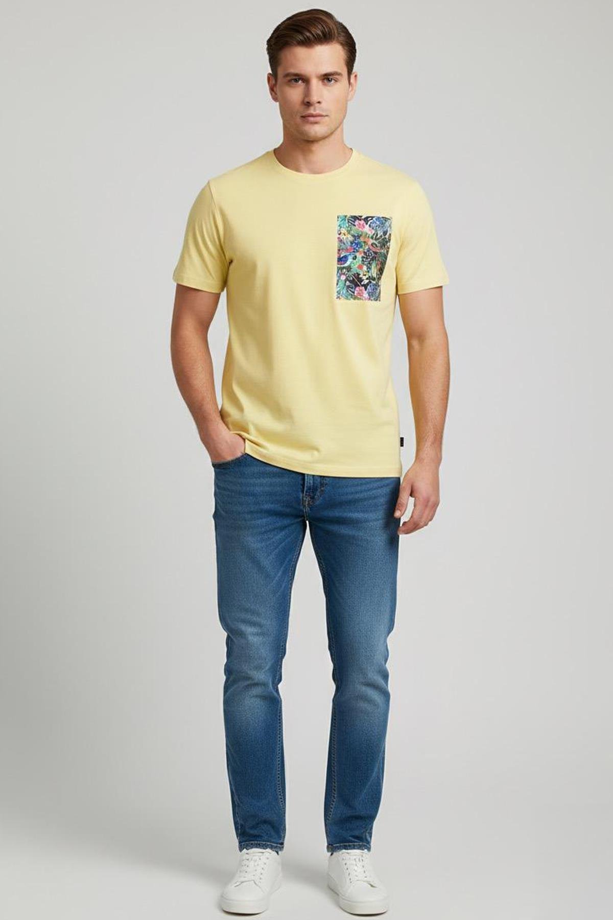 BASKILI BİSİKLET YAKA ERKEK T-SHIRT Sarı - Sabri Özel