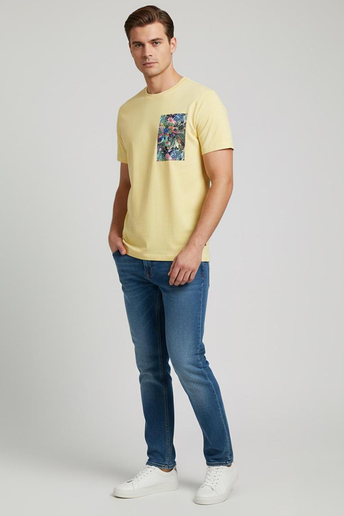 BASKILI BİSİKLET YAKA ERKEK T-SHIRT Sarı - Sabri Özel