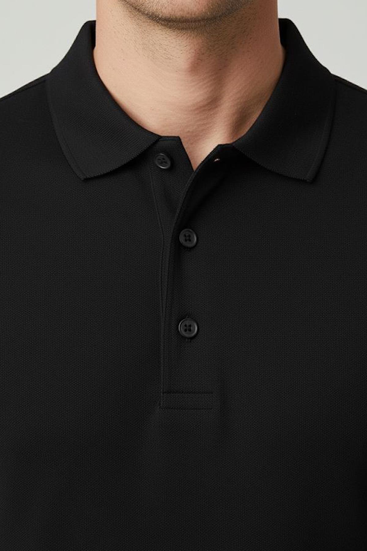 DÜĞMELİ POLO YAKA UZUN KOLLU ERKEK T-SHIRT Siyah - Sabri Özel