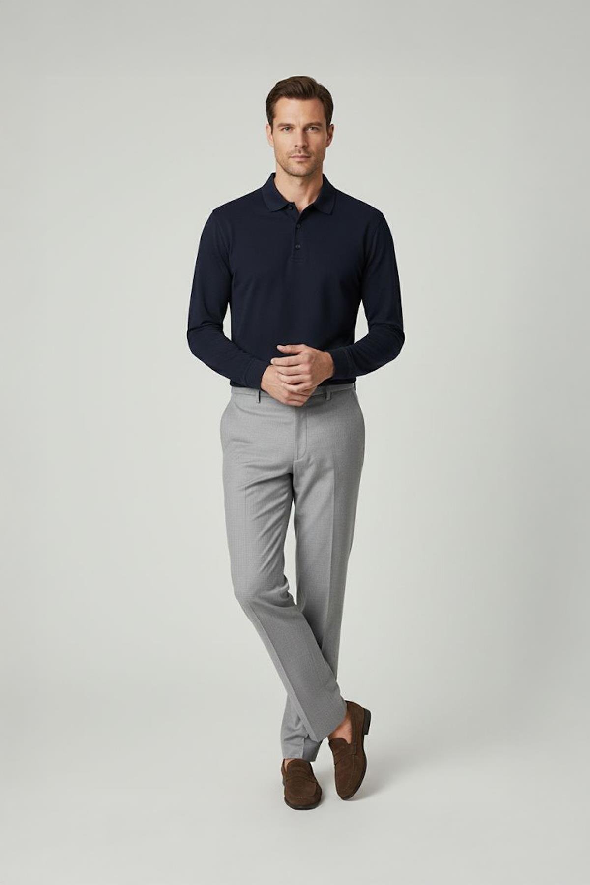 DÜĞMELİ POLO YAKA UZUN KOLLU ERKEK T-SHIRT Lacivert - Sabri Özel