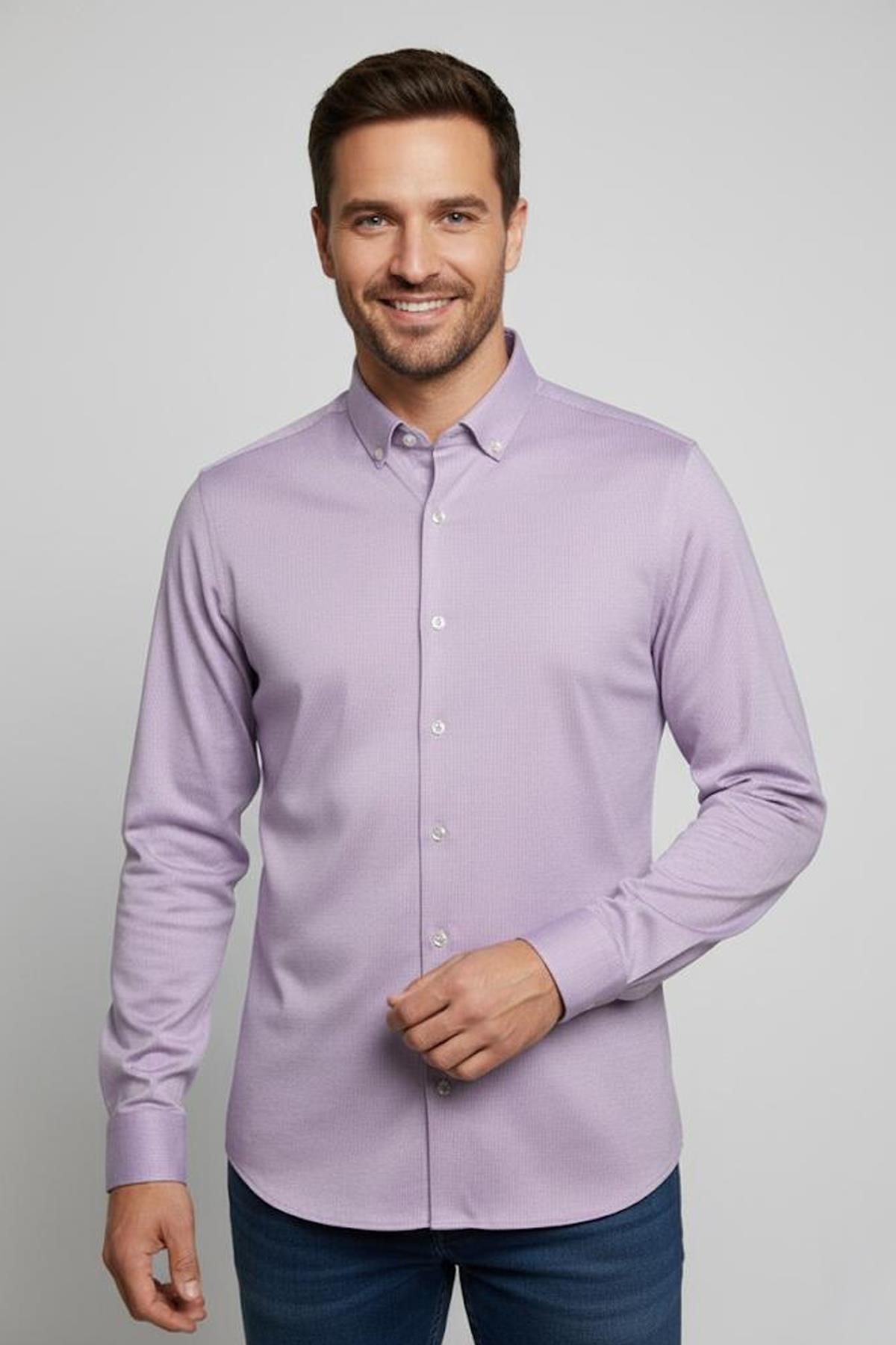 Düğmeli Yaka Erkek T-Shirt Lila - Sabri Özel