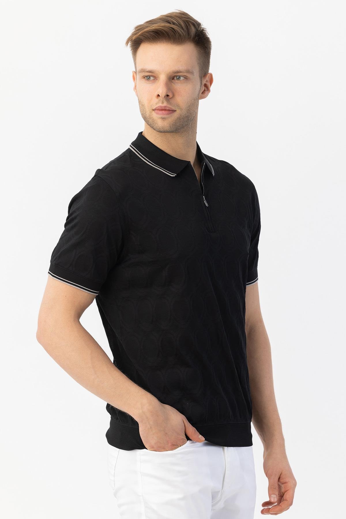 FERMUARLI POLO YAKA ERKEK T-SHIRT Siyah - Sabri Özel