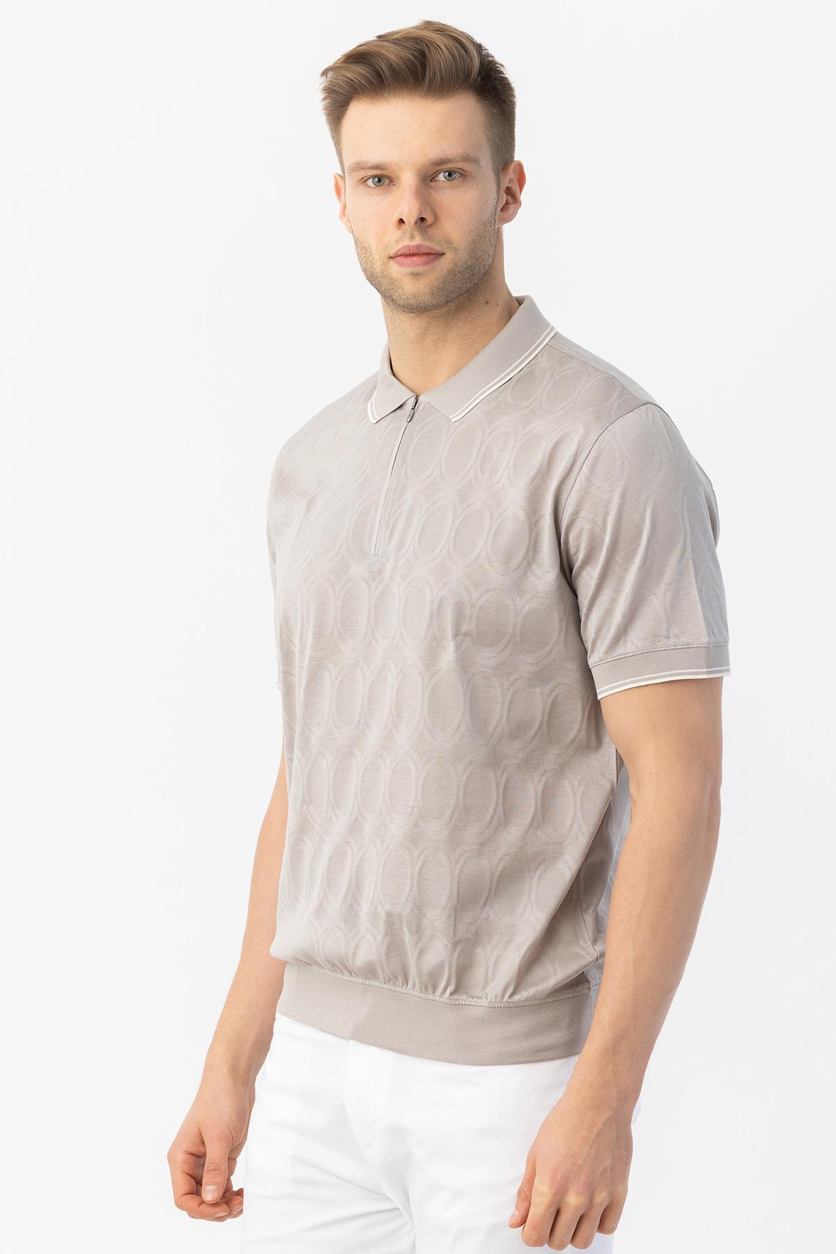 FERMUARLI POLO YAKA ERKEK T-SHIRT Açık Bej - Sabri Özel