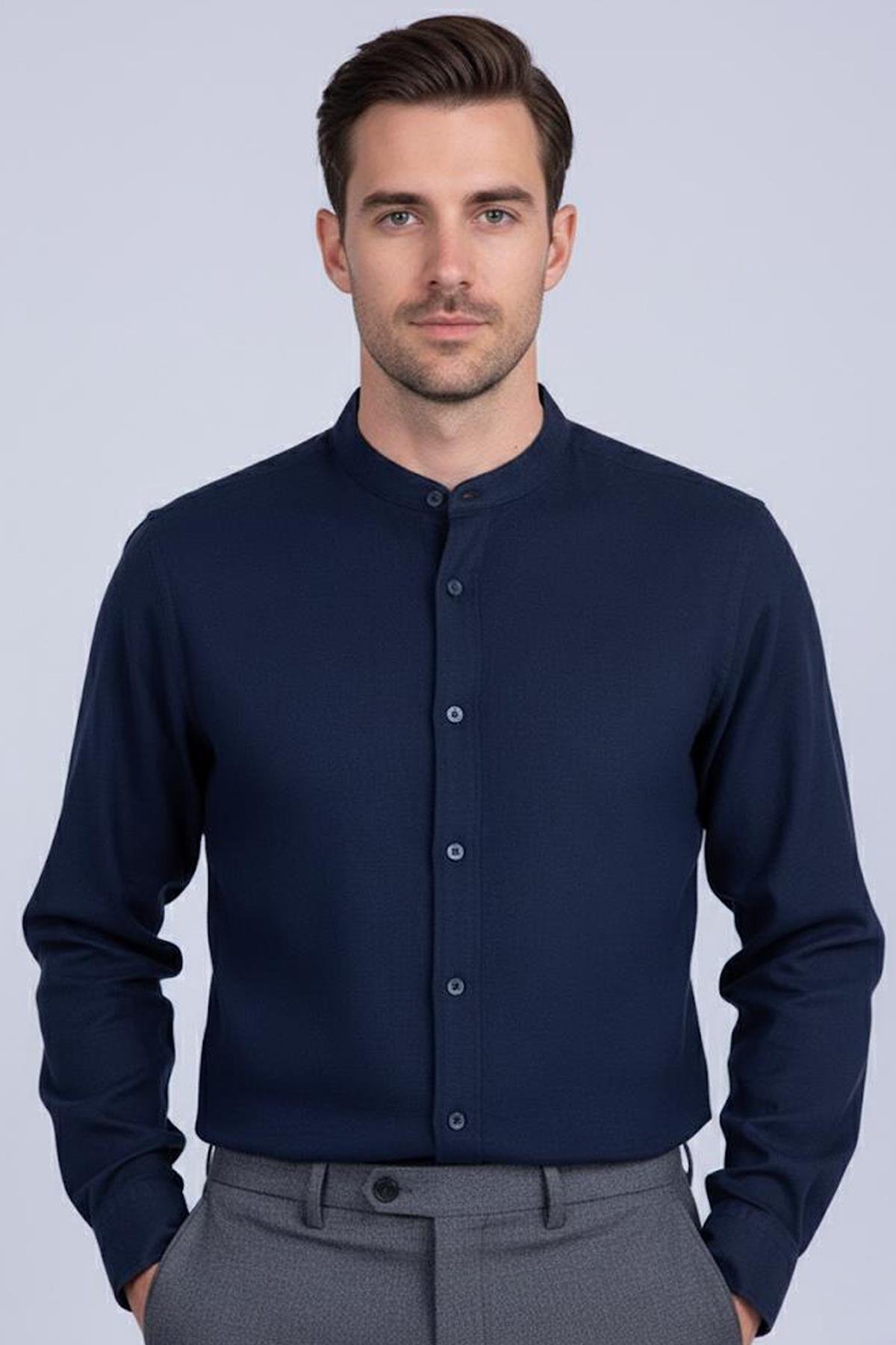 HAKİM YAKA KETEN ERKEK GÖMLEK Koyu Lacivert - Sabri Özel
