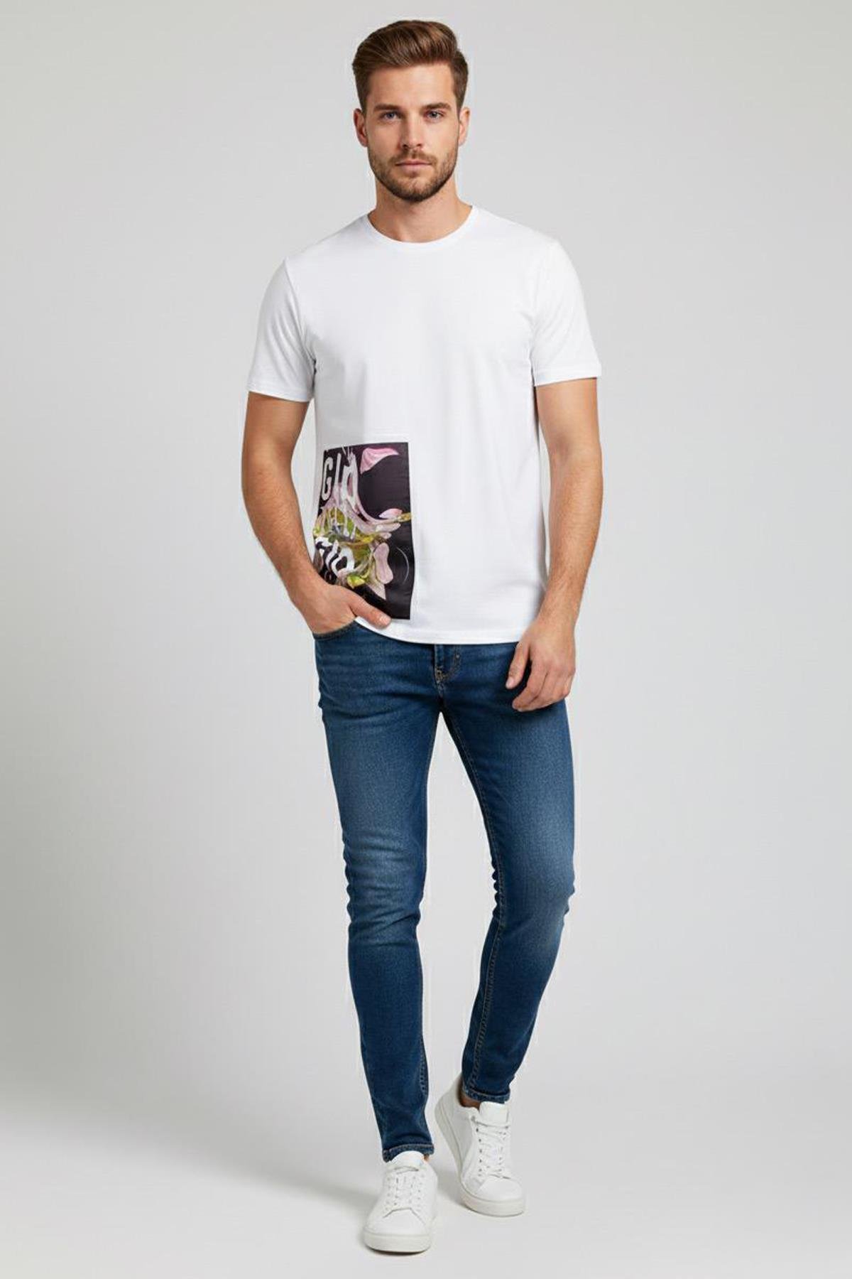 OVERSIZE BASKILI BİSİKLET YAKA ERKEK T-SHIRT Beyaz - Sabri Özel