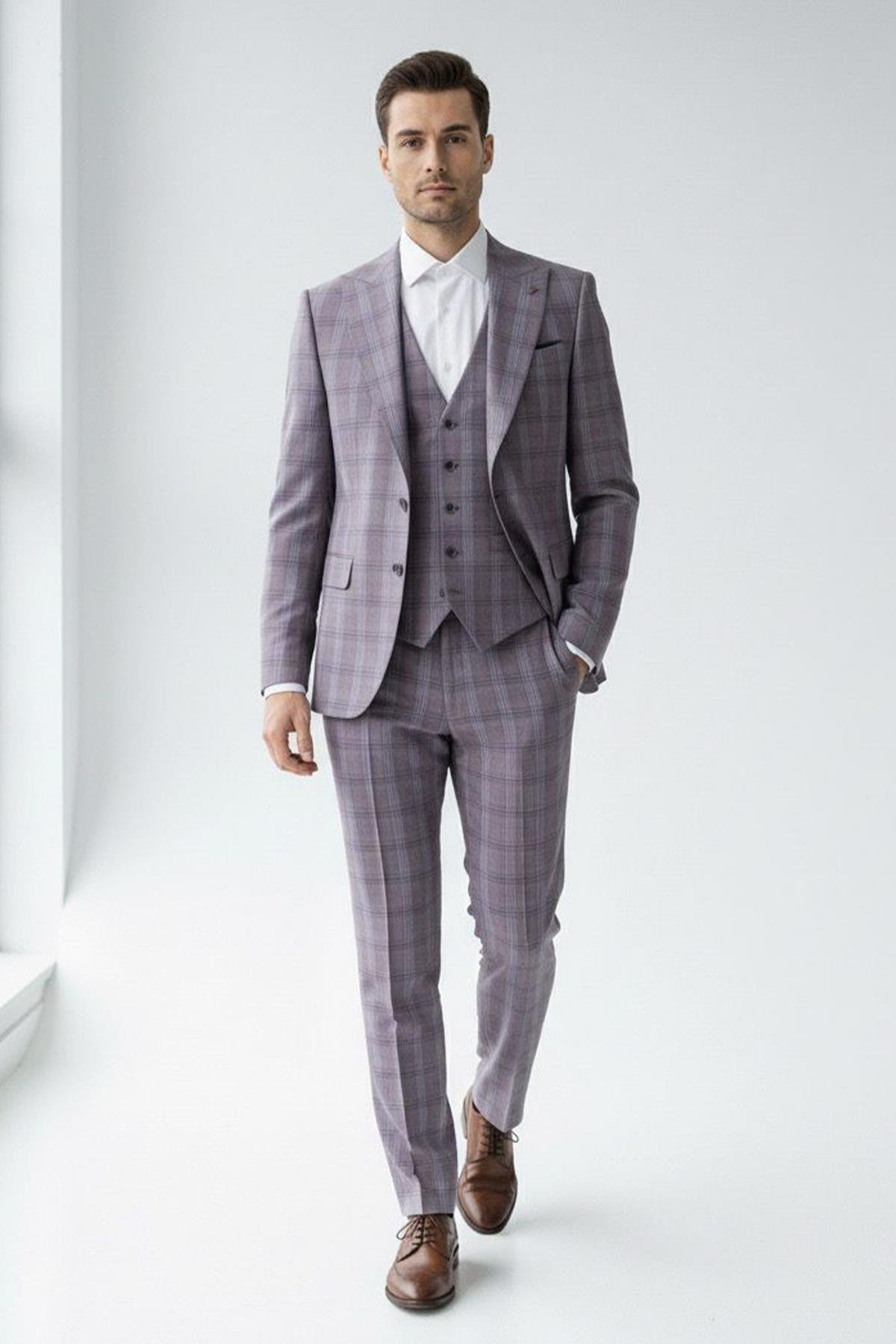 Yelekli Takım Elbise Bordo - Sabri Özel