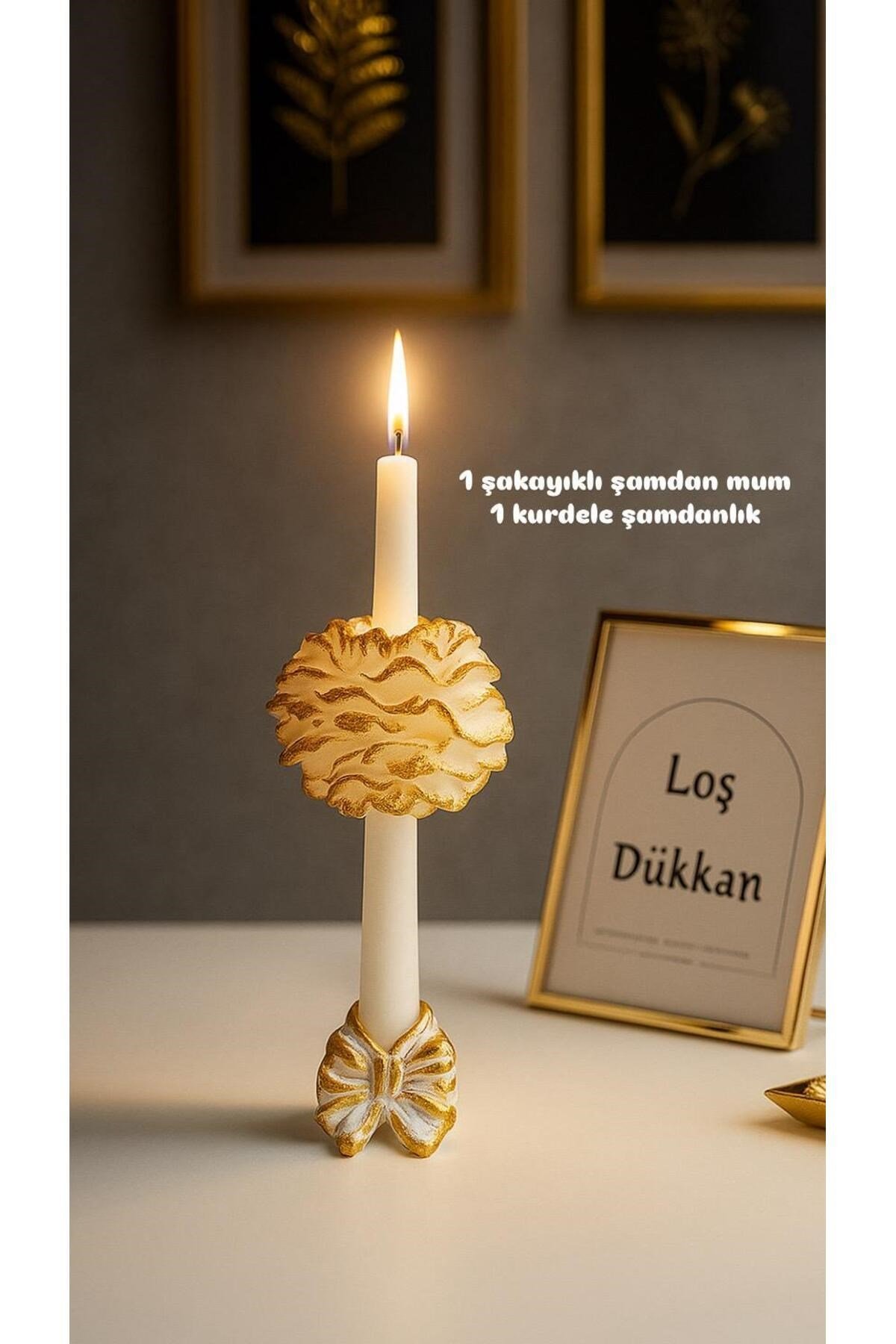 1 Adet Gold Geçişli Şakayıklı Şamdan Mumu ve Şamdanlık Dahil Set