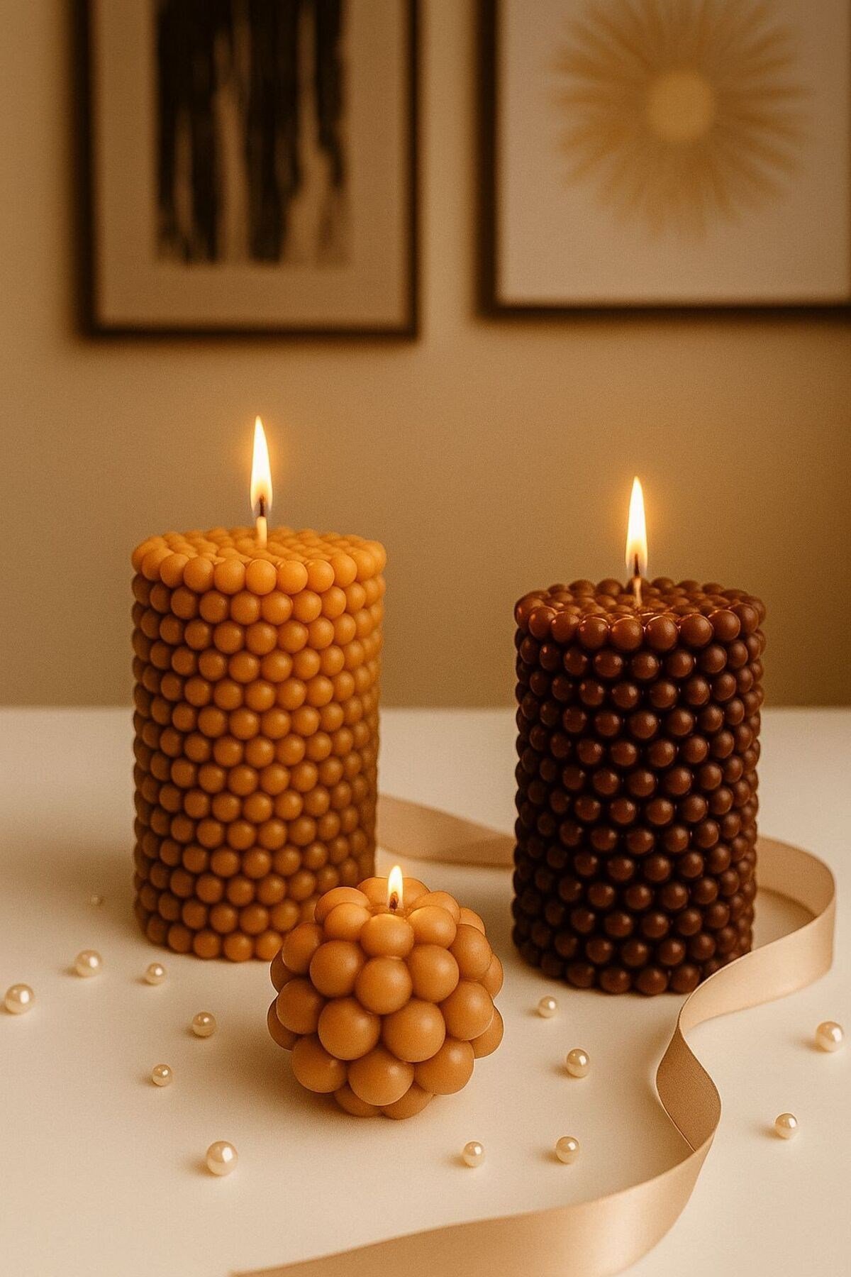 2 Silindir 1 Top 3lü Bubble Kahverengi Dekoratif Kokulu Mum Seti - Pearly Candle
