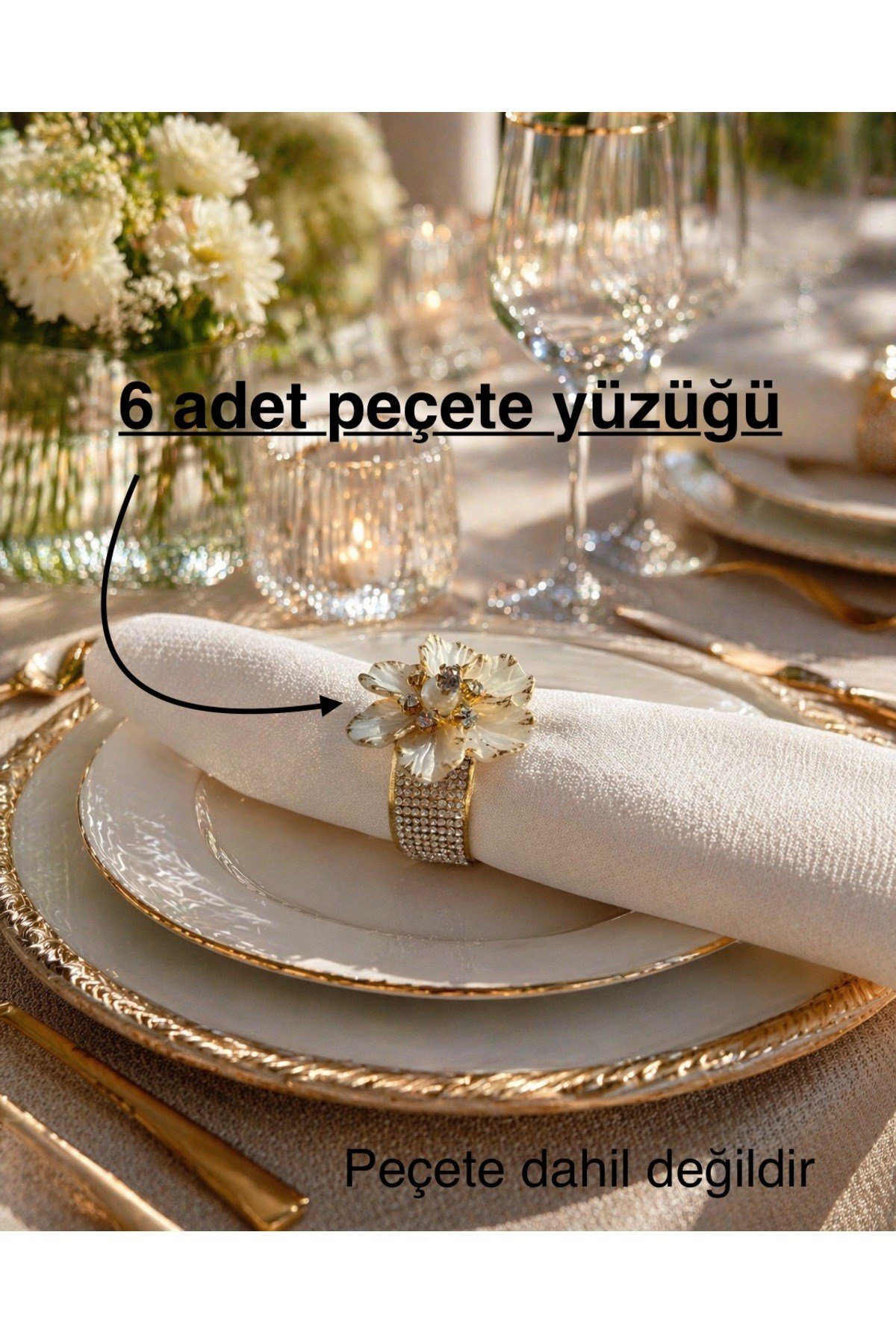 Gold Taşlı Peçete Yüzüğü Halkası Kalın Bantlı Taşlı Gold Çiçekli Peçete Aksesuarı