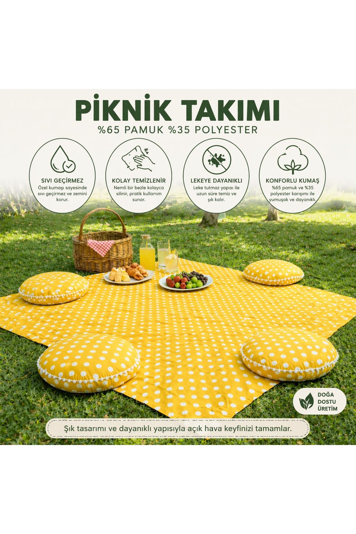 Keten Sıvı Geçirmez Puantiyeli Piknik Seti 4 Minderli Piknik Masa Örtüsü Bahçe Piknik Takımı Sarı